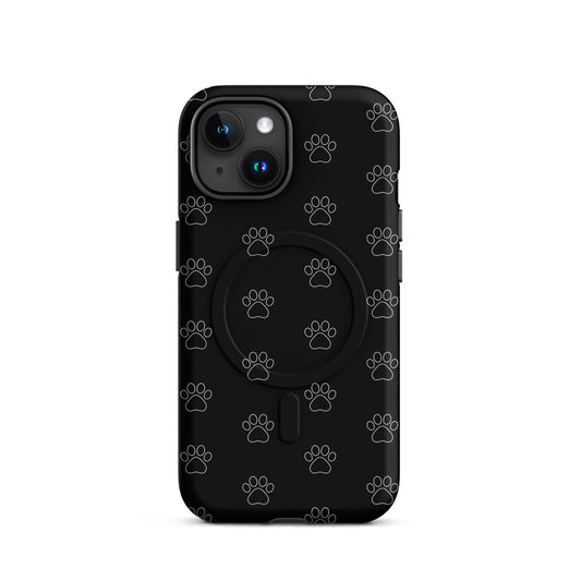 Magnetic Phone Case featuring a cute paw print design for pet lovers, showcasing black background with minimalist paw icons.