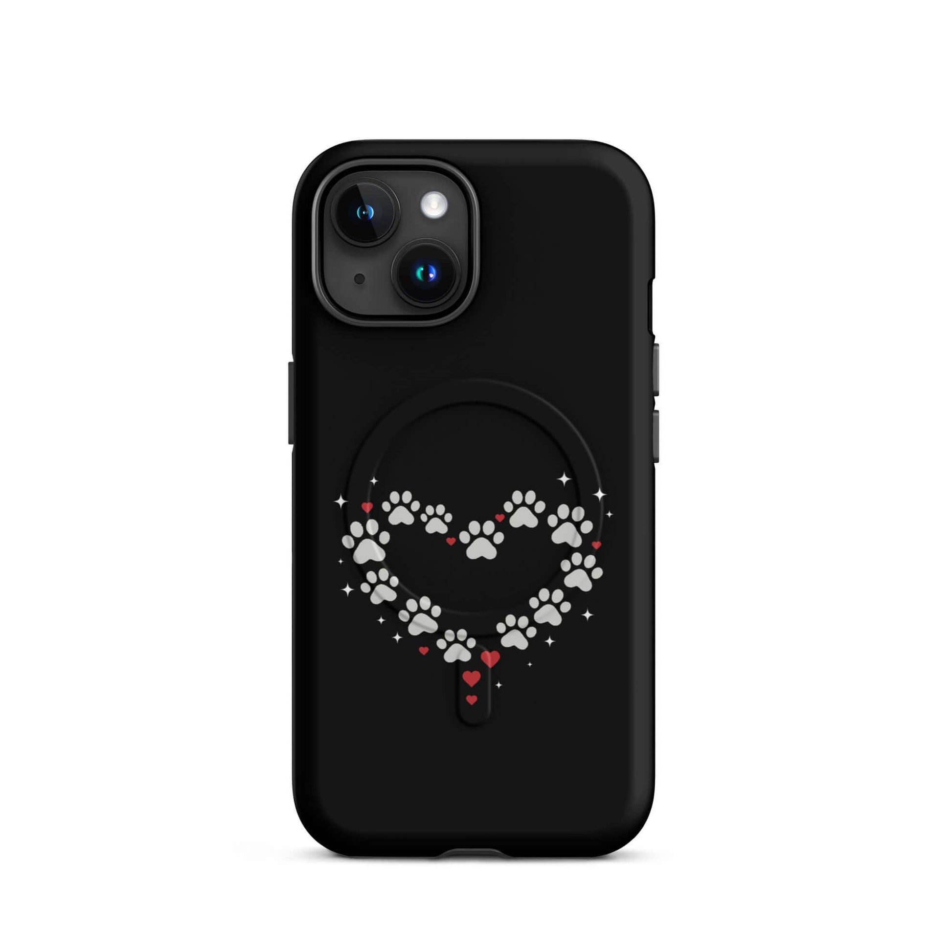 Magnetic Phone Case for iPhone with a paw-print heart design on a black background.