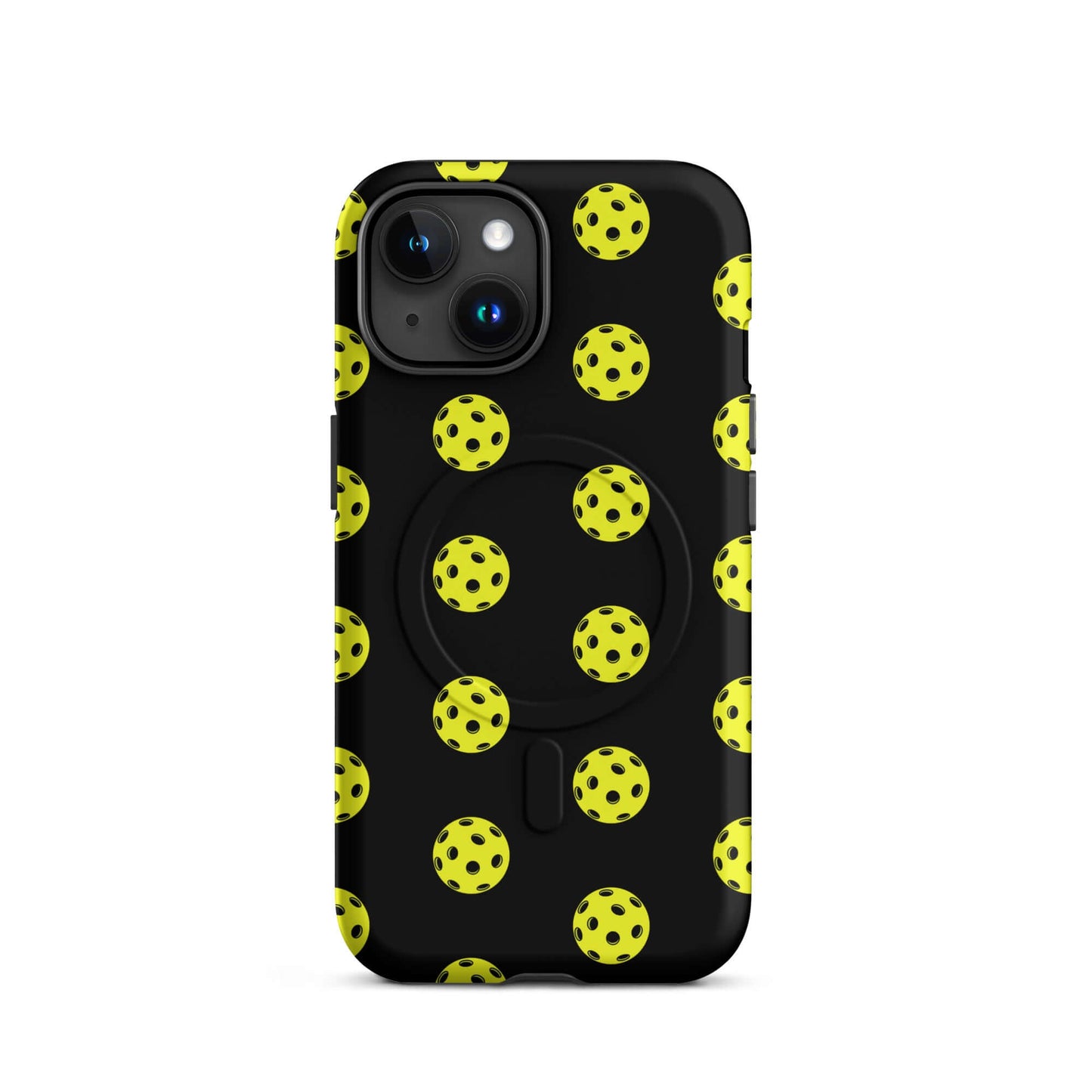 Magnetic Phone Case featuring a sporty pickleball pattern with yellow balls on a black background.