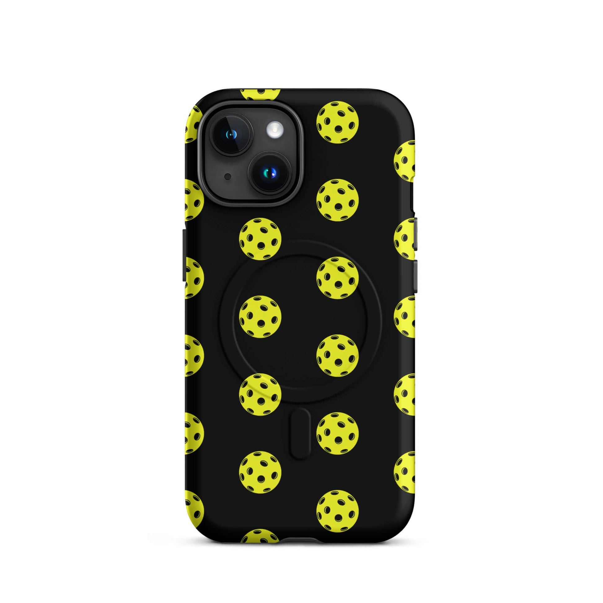Magnetic Phone Case featuring a sporty pickleball pattern with yellow balls on a black background.
