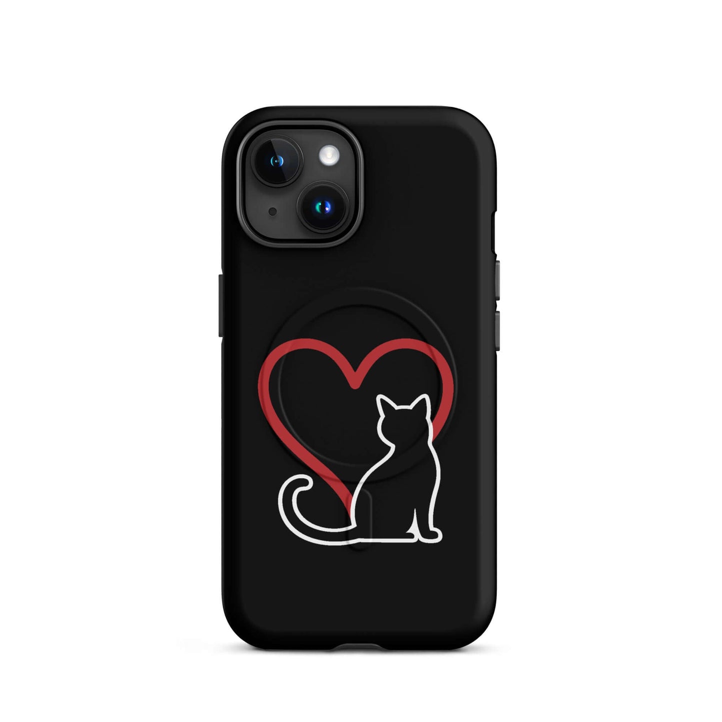 Magnetic Phone Case featuring a minimalist black cat silhouette and a red heart design against a sleek black background.