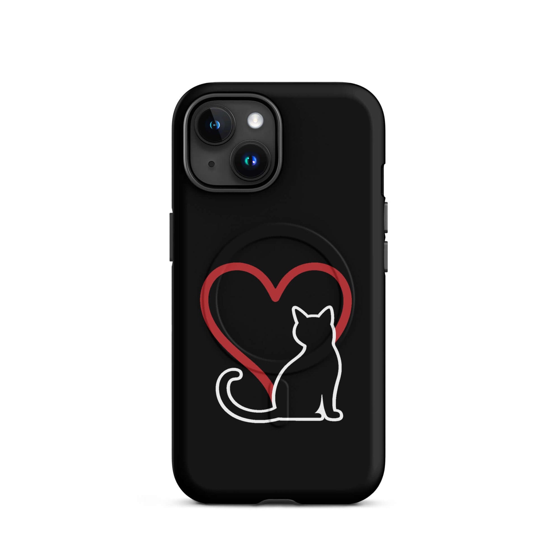 Magnetic Phone Case featuring a minimalist black cat silhouette and a red heart design against a sleek black background.