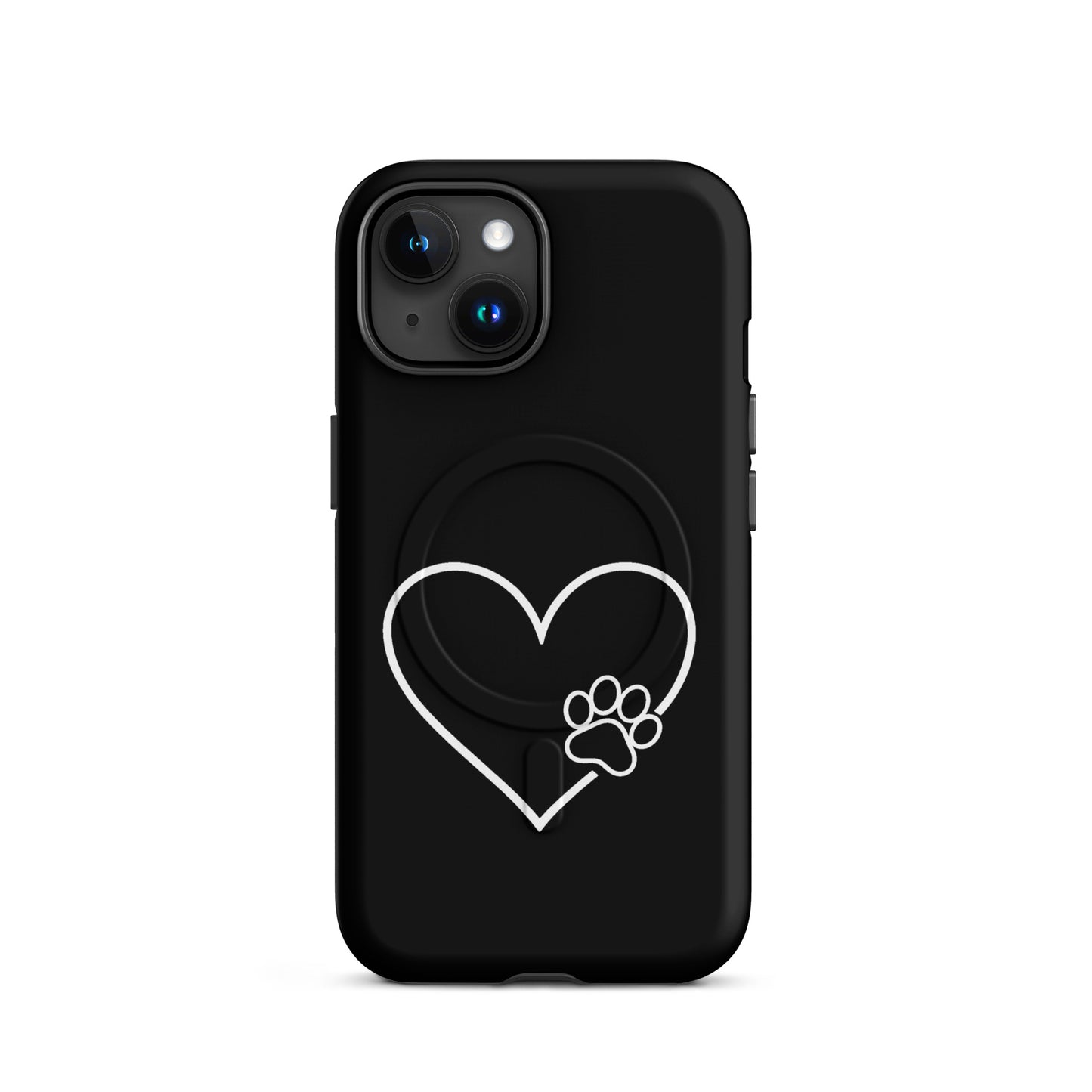 Magnetic Phone Case for iPhone with heart and paw print design, black background, minimalistic pet lover's accessory