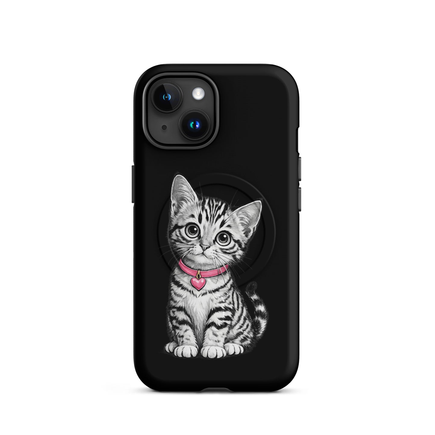 Magnetic Phone Case with kitten sketch, pink collar, and heart charm for iPhone