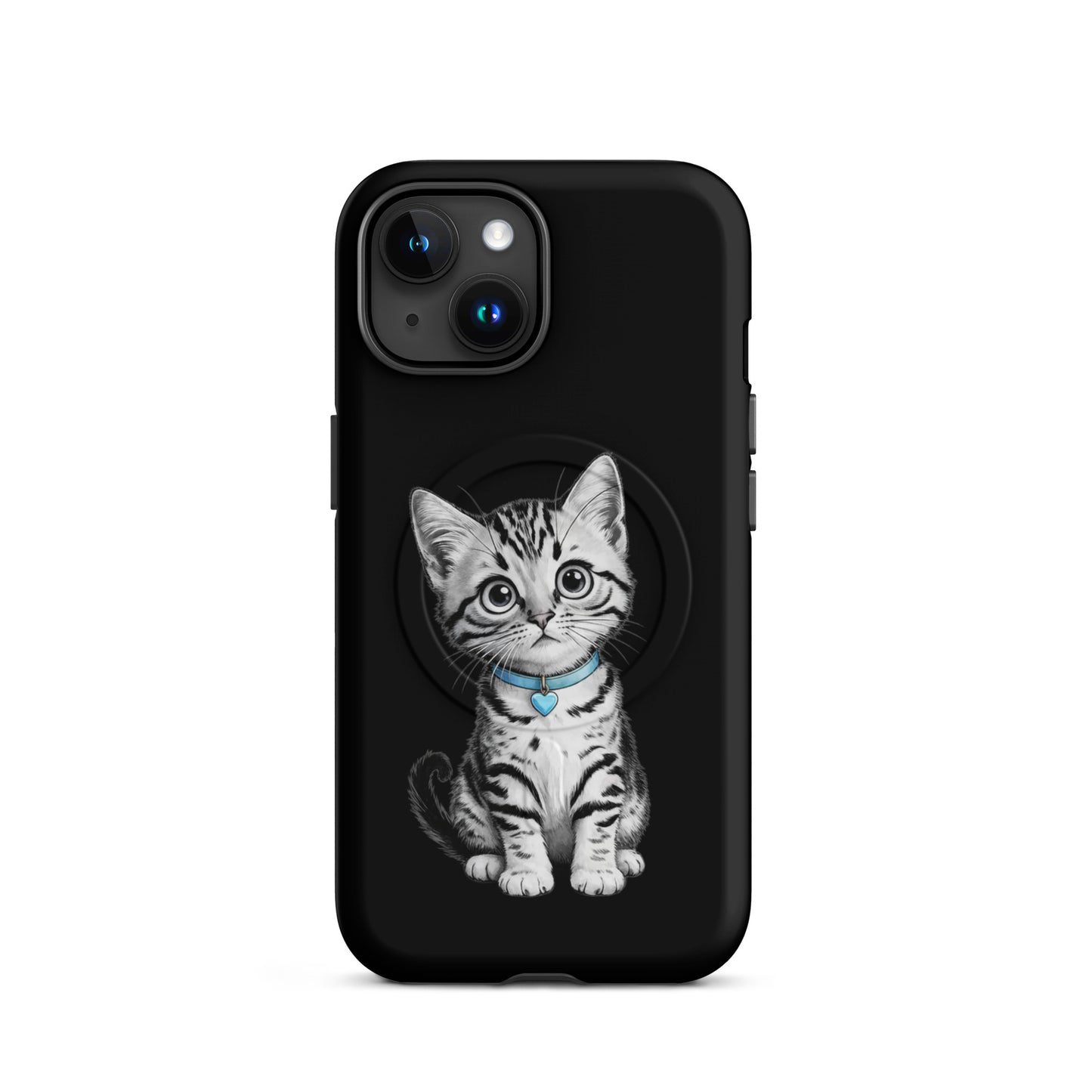 Magnetic Phone Case for iPhone featuring pencil-sketch kitten with blue collar and heart charm, offering stylish protection.