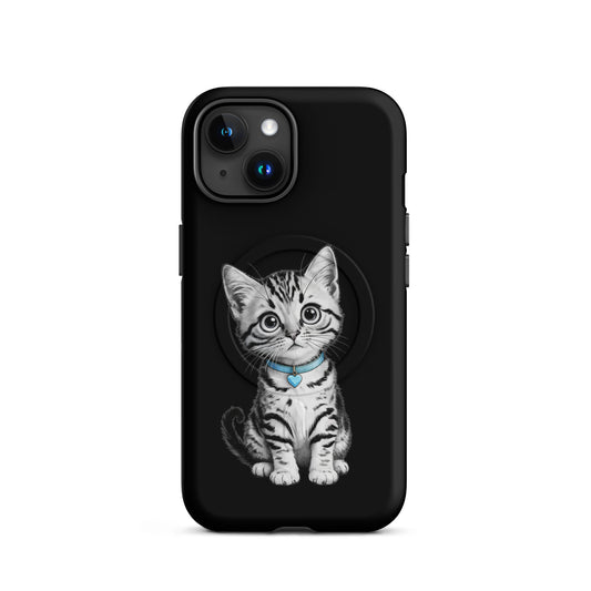 Magnetic Phone Case for iPhone featuring pencil-sketch kitten with blue collar and heart charm, offering stylish protection.