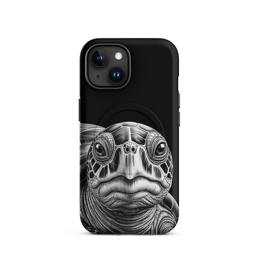 Magnetic Phone Case with ancient sea turtle sketch for iPhone, luxurious black and white design featuring detailed shell artwork.