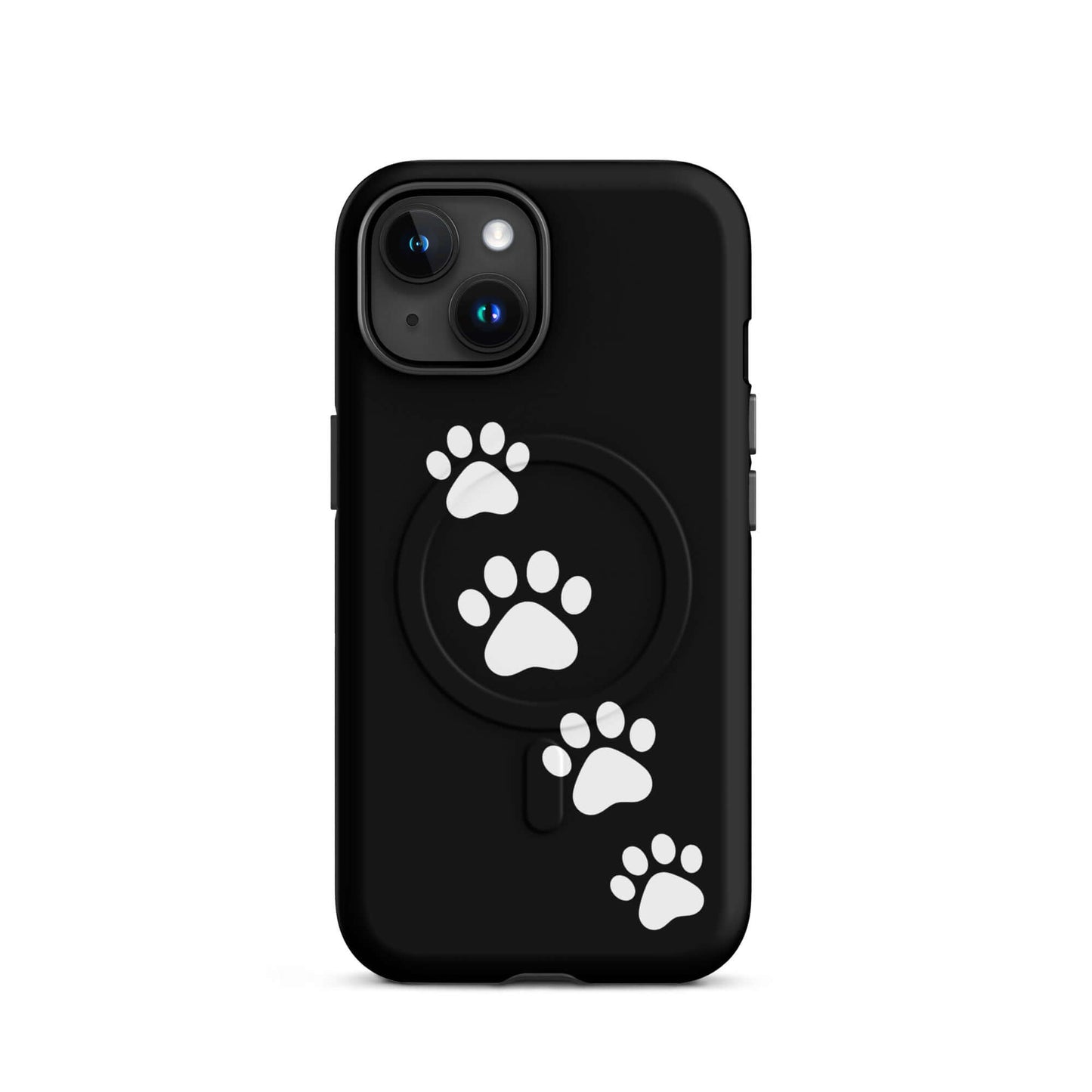 Magnetic Phone Case with white paw-print design on sleek black background for pet lovers and iPhone users.