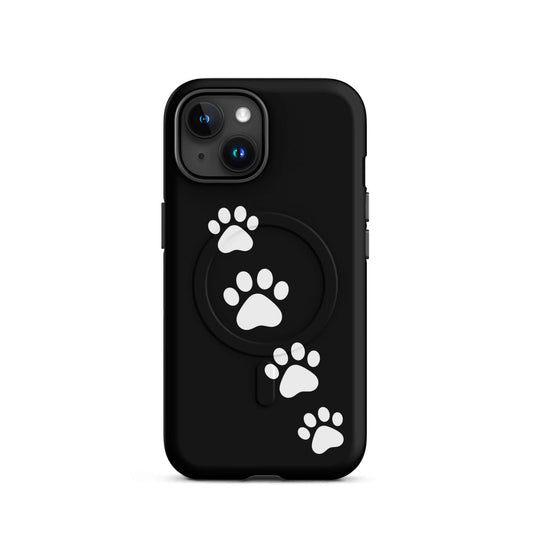 Magnetic Phone Case with white paw-print design on sleek black background for pet lovers and iPhone users.