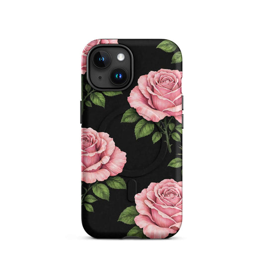Magnetic Phone Case with pink roses, black background, iPhone accessory