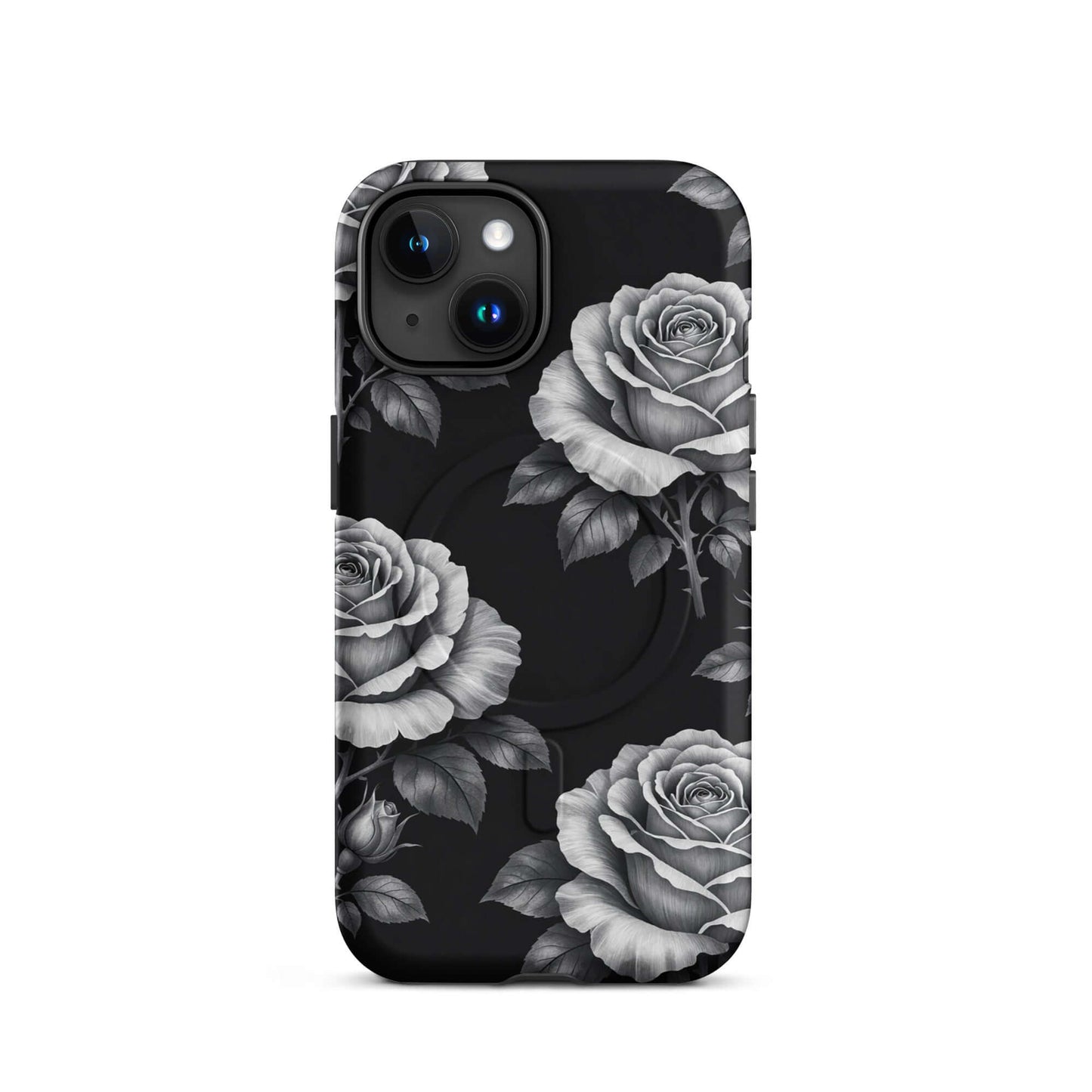 Magnetic Phone Case for iPhone featuring rose garden design with hand-sketched roses and lush leaves on black background.