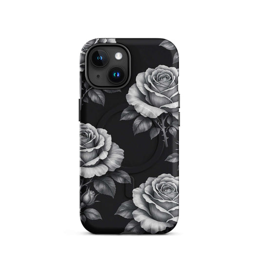 Magnetic Phone Case for iPhone featuring rose garden design with hand-sketched roses and lush leaves on black background.