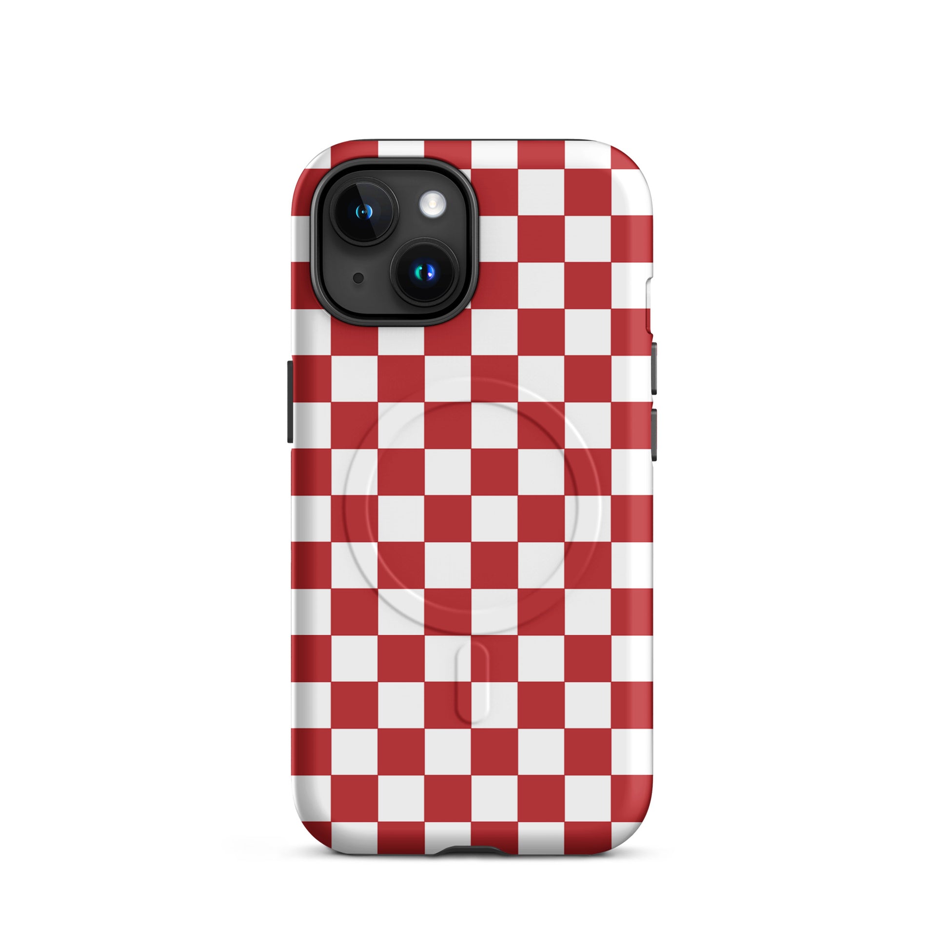 Magnetic Phone Case for iPhone with Crimson Red Checkered Design, adds playful style and protection to your device.