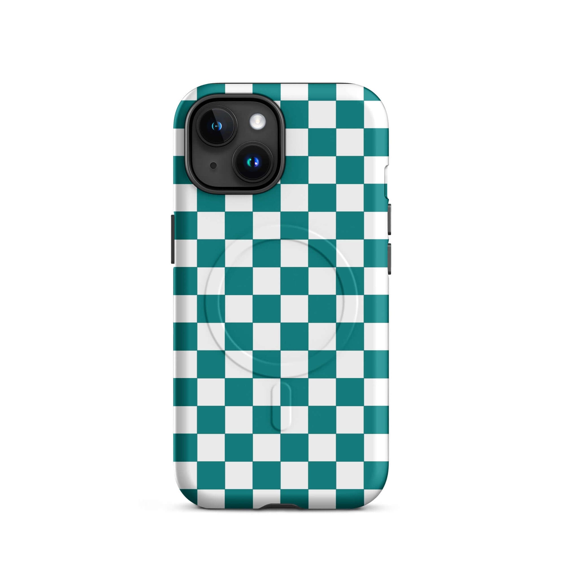 Magnetic Phone Case with teal and white checkered design, adding style and personality to your device. Fun and fearless fashion accessory.