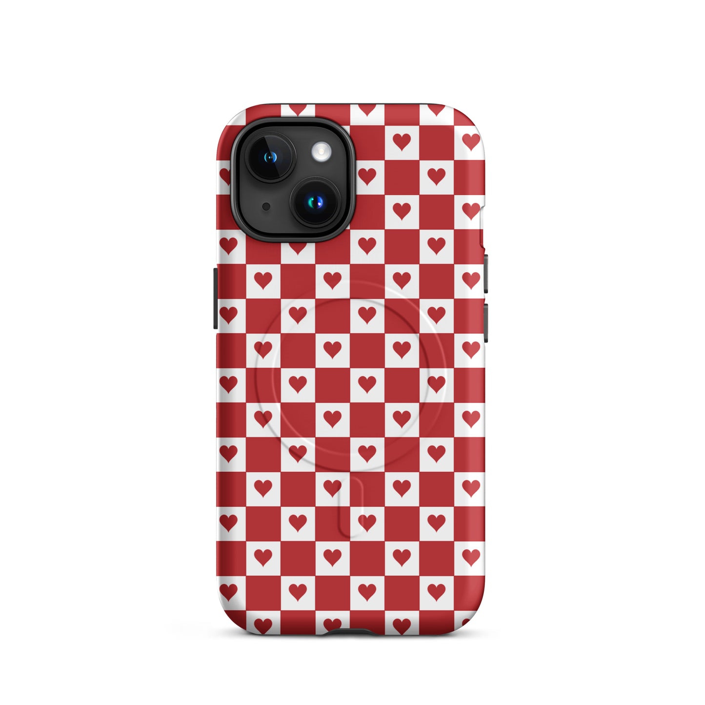 Magnetic Phone Case with cute red heart checkered design for iPhone, showcasing charm and nostalgia in a playful pattern.