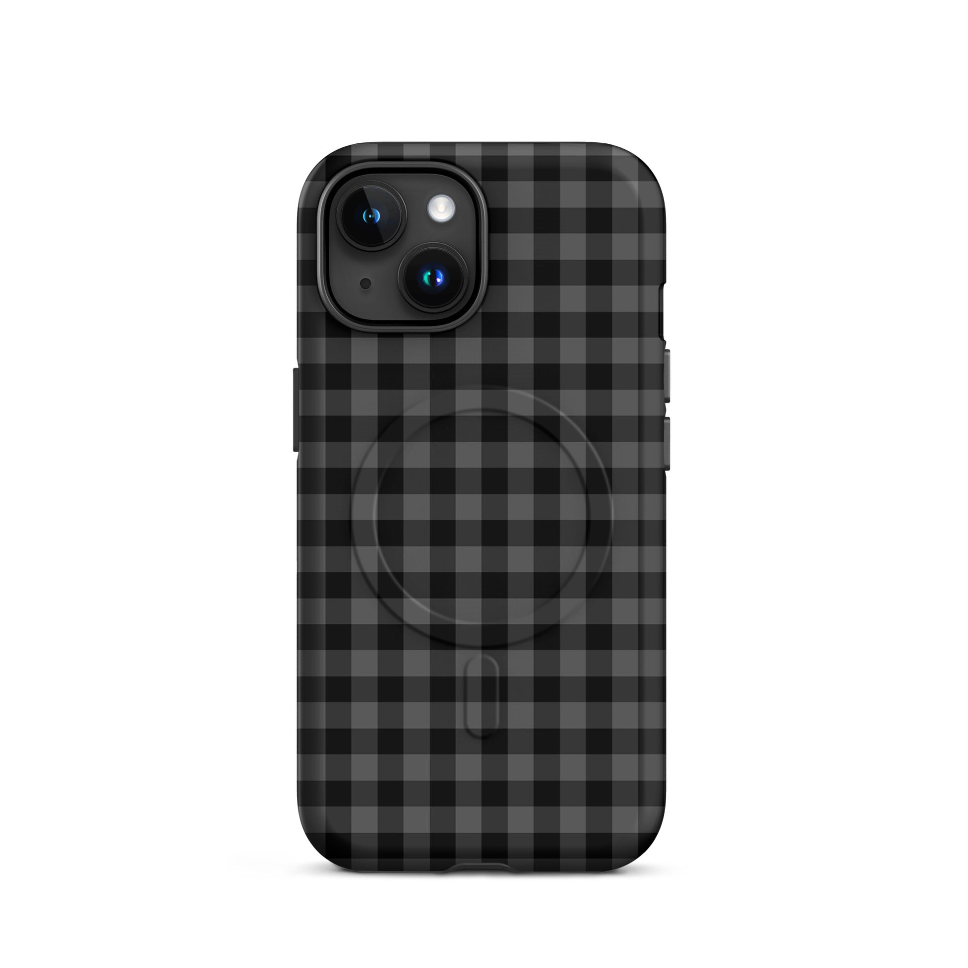 Magnetic Phone Case for iPhone in black charcoal gingham pattern, offering style and durability.