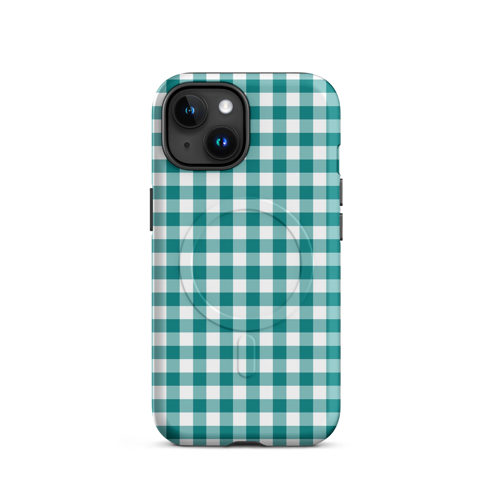 Magnetic Phone Case with teal gingham pattern for iPhone, stylish and durable accessory.