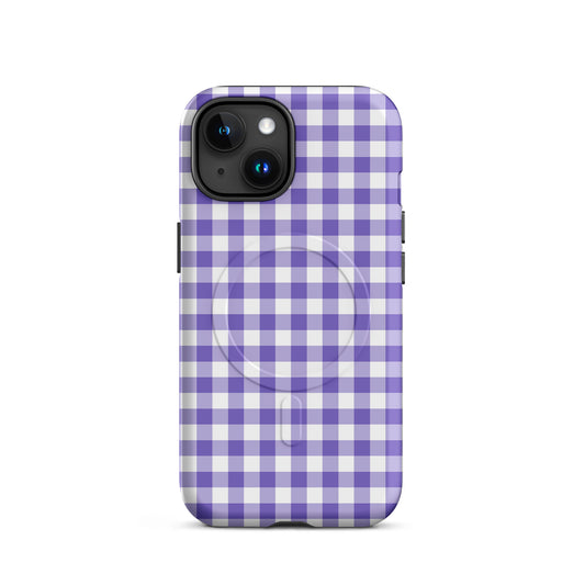 Magnetic Phone Case with purple-and-white gingham pattern, offering style and protection for iPhone.