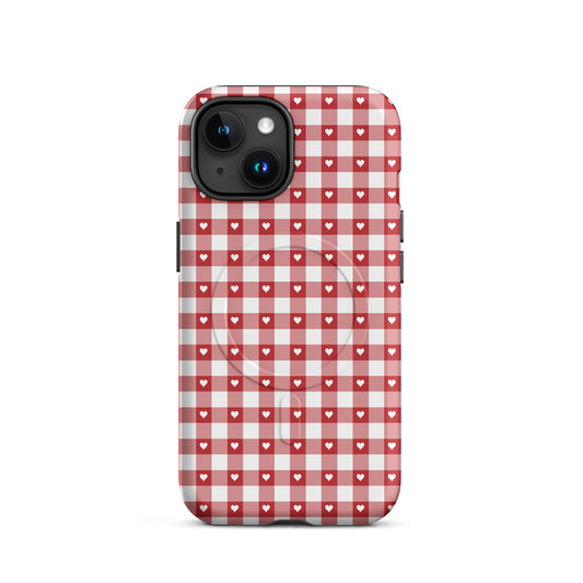 Magnetic Phone Case with red-and-white gingham pattern and white hearts for iPhone, stylish and protective accessory.