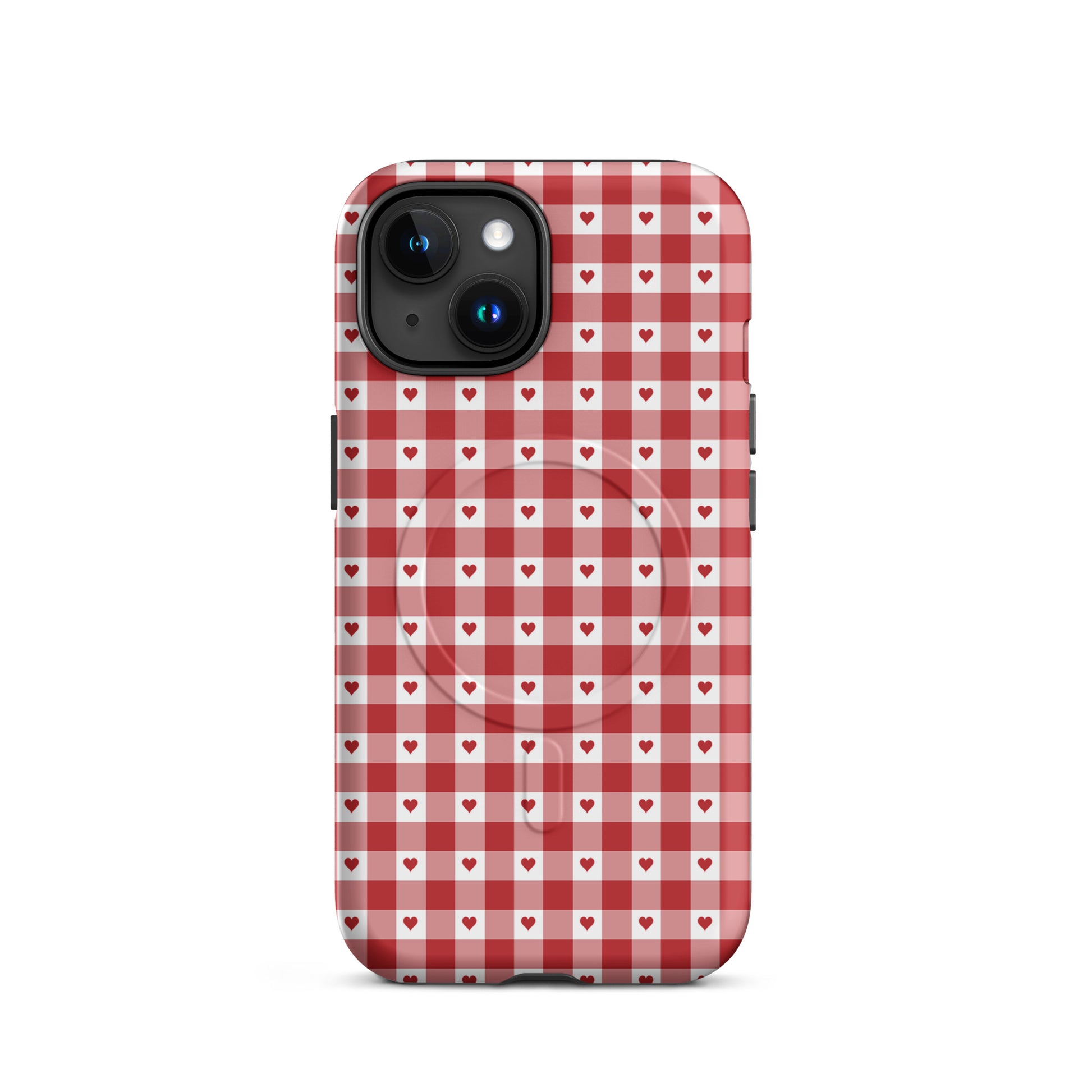 Magnetic Phone Case with red gingham heart pattern for iPhone, stylish and durable accessory.