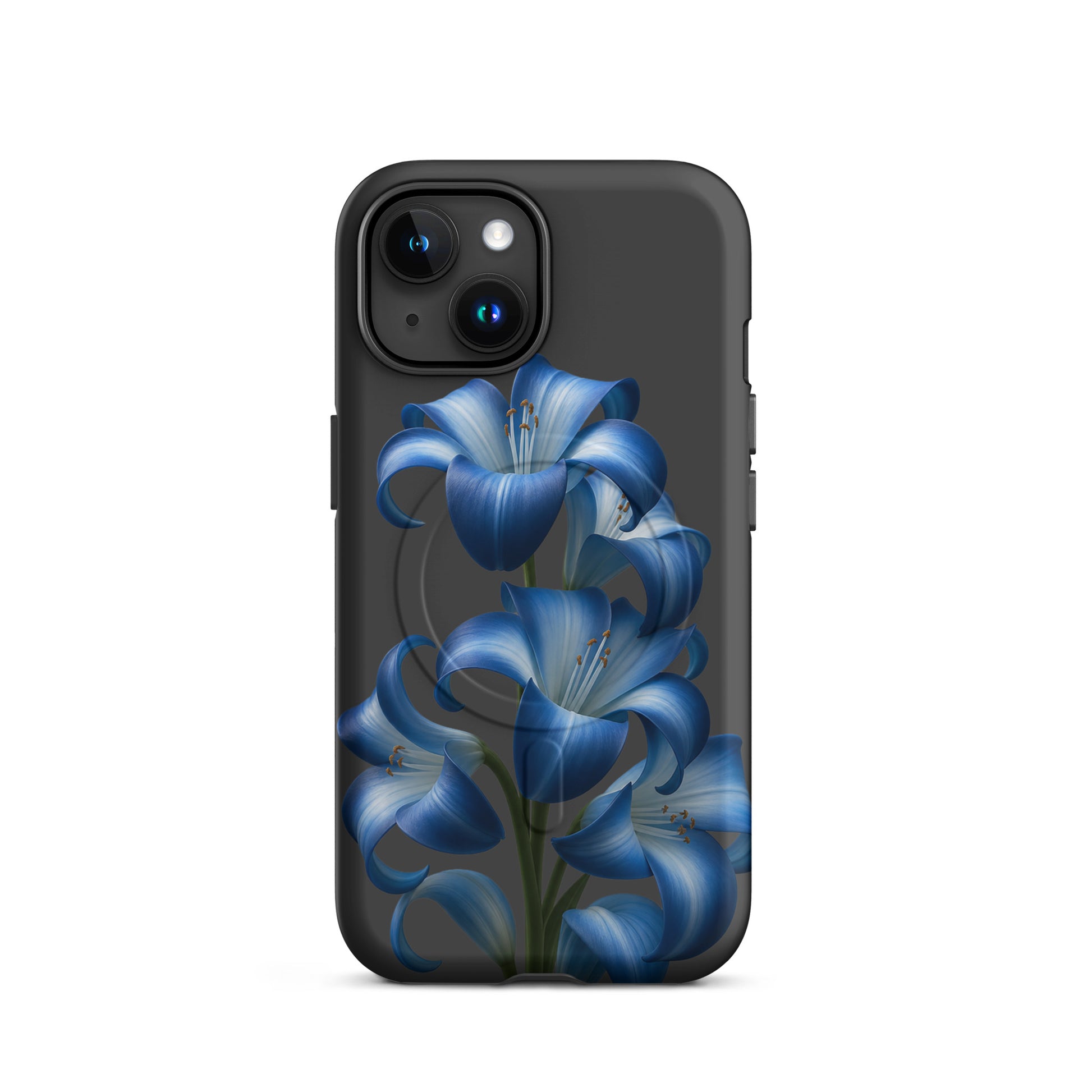 Magnetic Phone Case for iPhone with Blue Lily Bloom Art on dark background