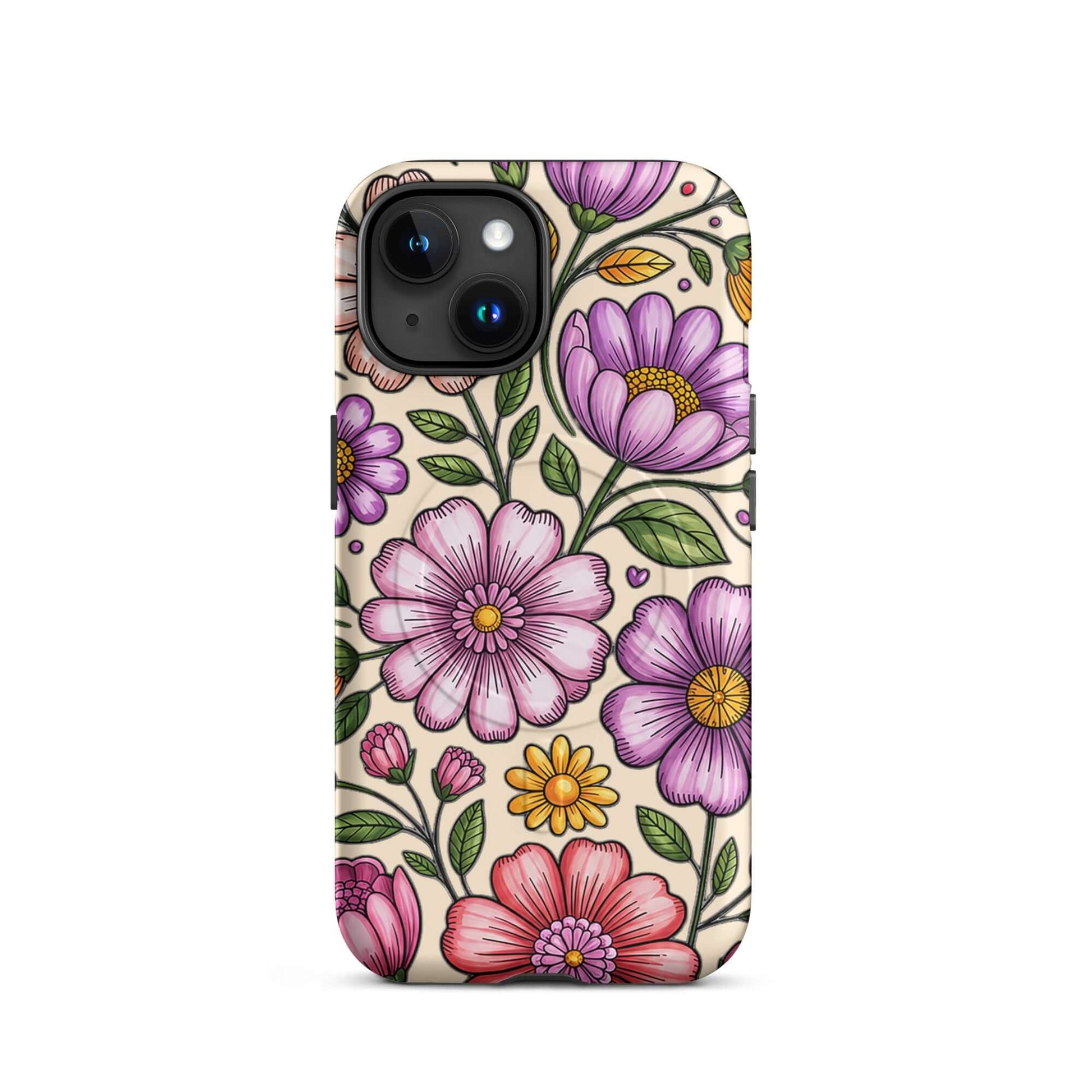 Magnetic Phone Case with pastel floral design, featuring pink, peach, lavender, and yellow flowers on durable polycarbonate shell.