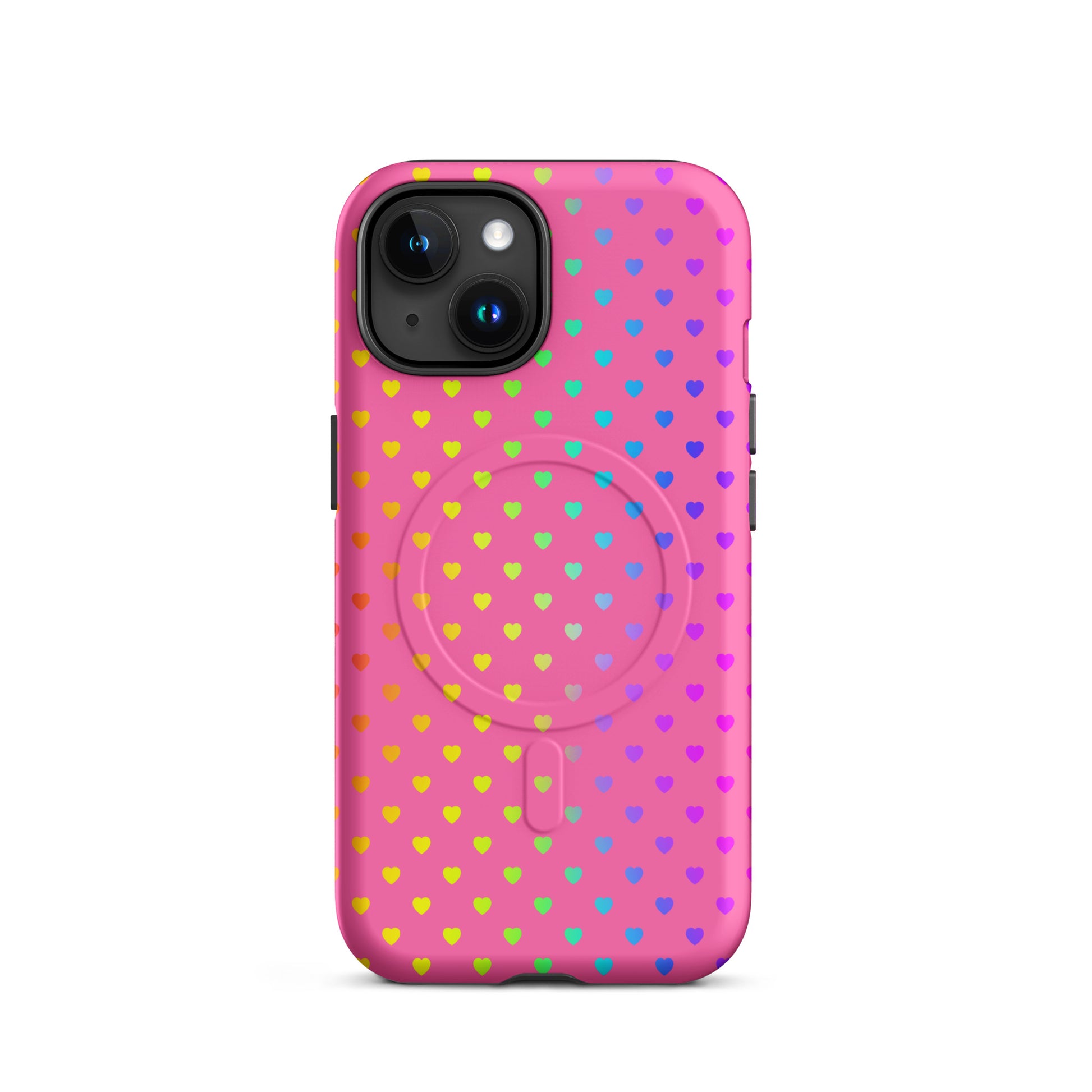 Magnetic Phone Case for iPhone with cute rainbow hearts on pink background, providing colorful and cheerful protection for your device.