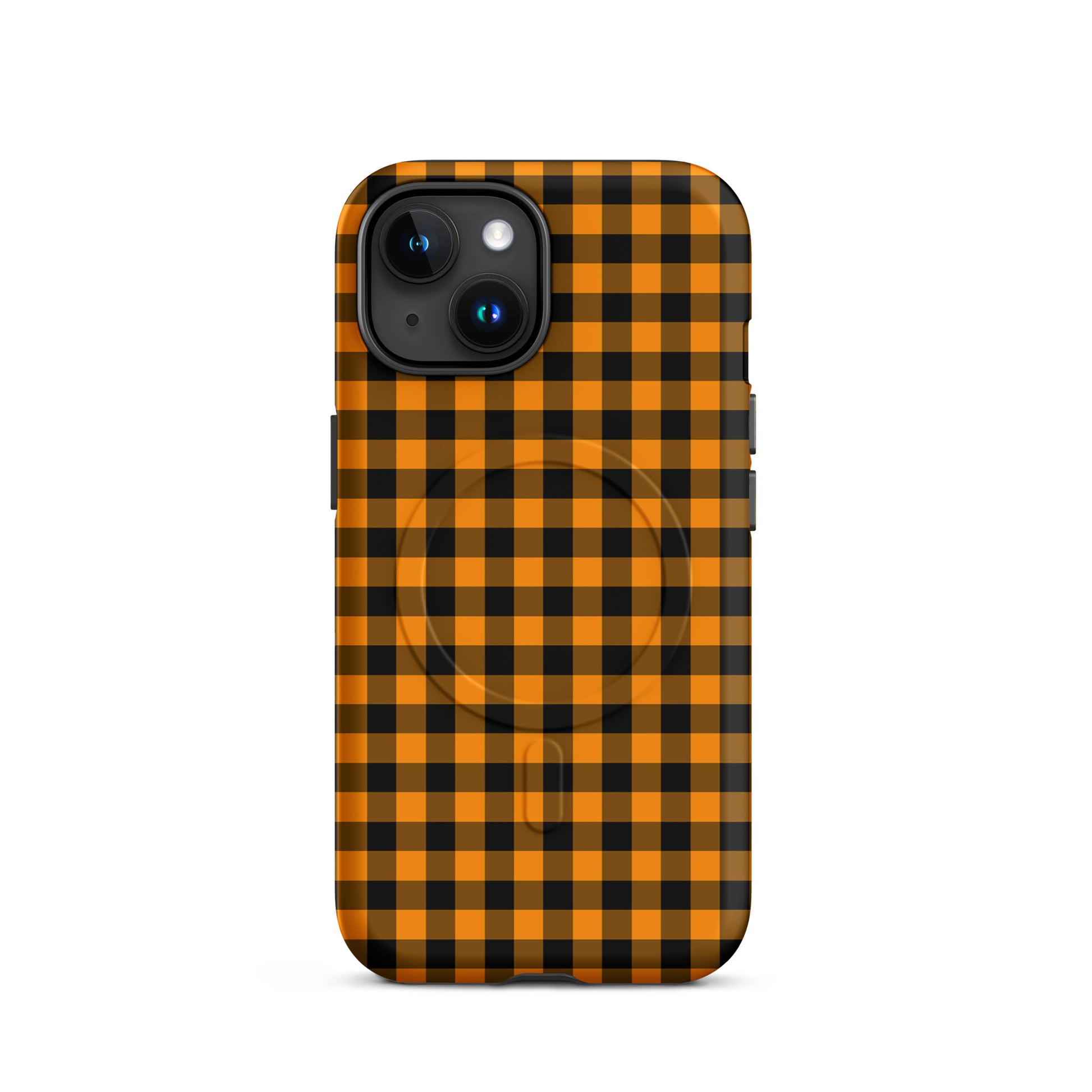 Magnetic Phone Case with black-and-orange gingham Autum theme, stylish and durable for iPhone - perfect chic accessory.