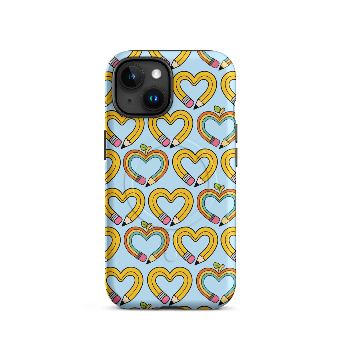 Magnetic Phone Case with playful pencil-heart pattern and green leaves for iPhone, symbolizing creativity and back-to-school charm.