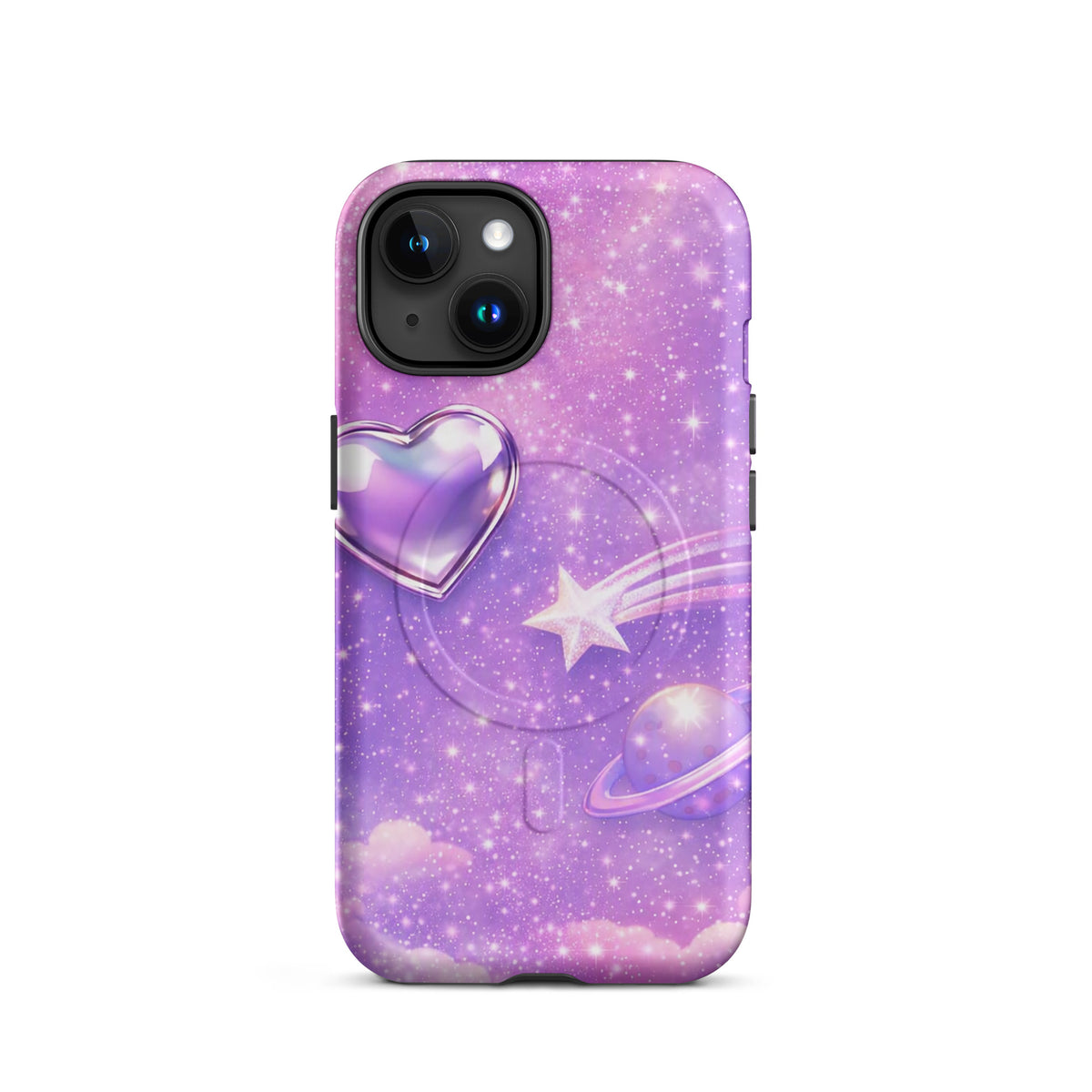 Magnetic Phone Case for iPhone with cosmic heart and shooting star design, featuring pastel clouds and celestial artwork.