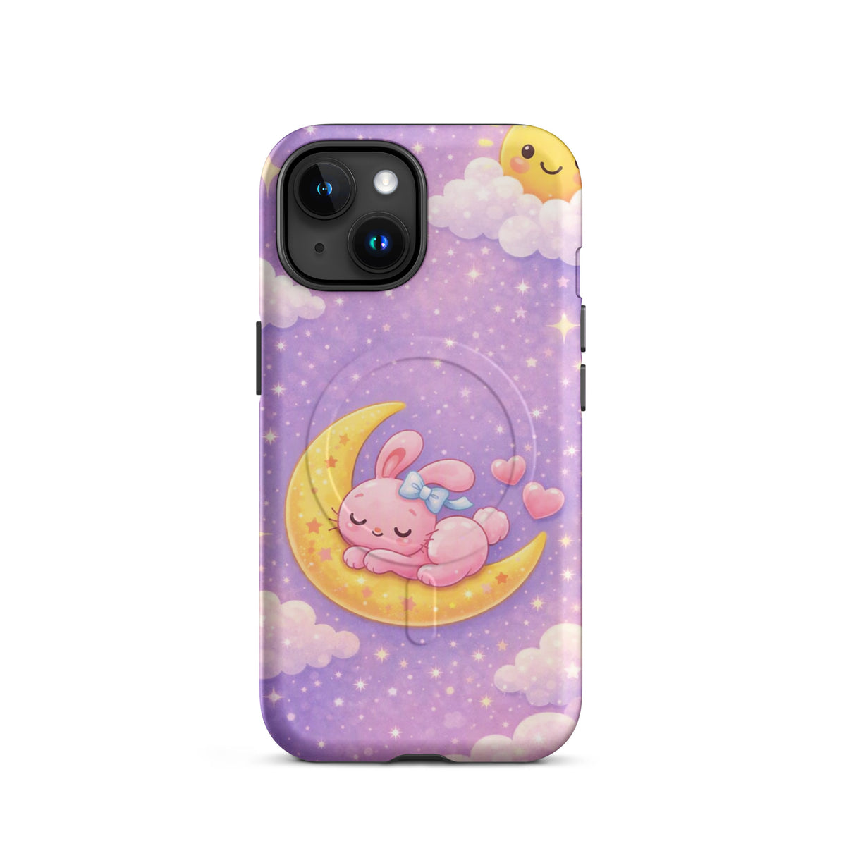 Magnetic Phone Case featuring a cute pink bunny on a crescent moon in a pastel night sky design. Perfect for iPhone protection and style.