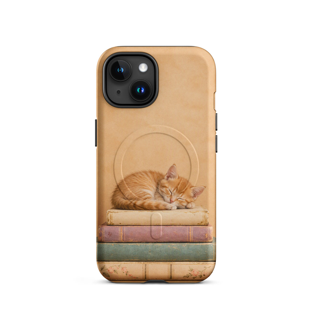 Magnetic Phone Case with sleeping orange kitten on vintage books, perfect for book lovers and cat enthusiasts.