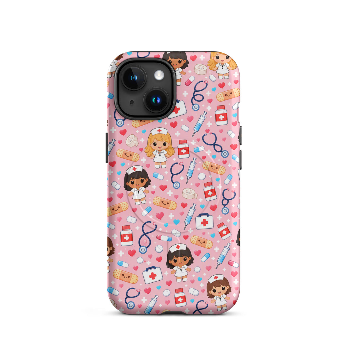 Magnetic Phone Case with kawaii nurse medical pattern for iPhone, featuring pink background with cute nurse illustrations and medical items.