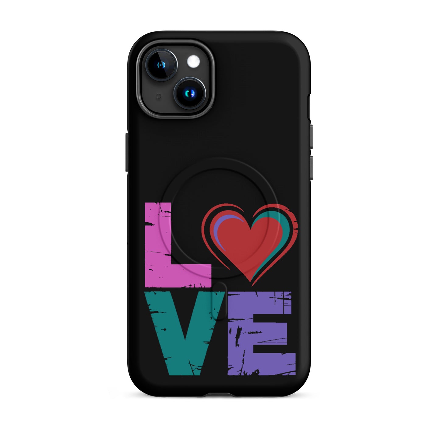 Love Magnetic Dual-Layer Tough Case for iPhone featuring vibrant love graphic on a black background.