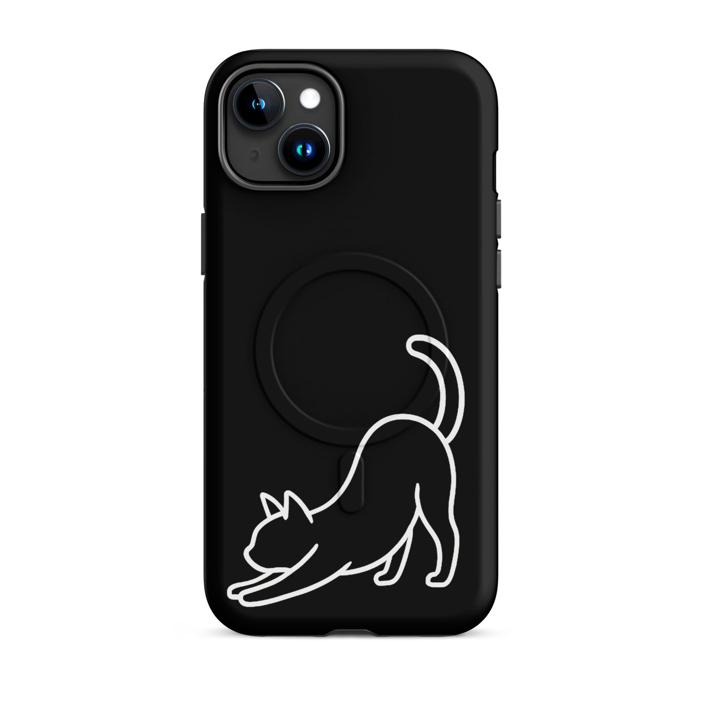Magnetic Phone Case featuring minimalist stretching cat design on a sleek black background.