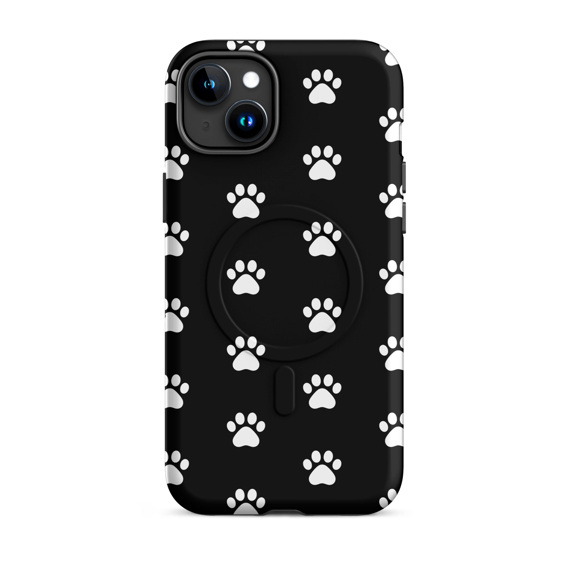 Magnetic Phone Case for iPhone with playful paw print design for pet lovers on a black background
