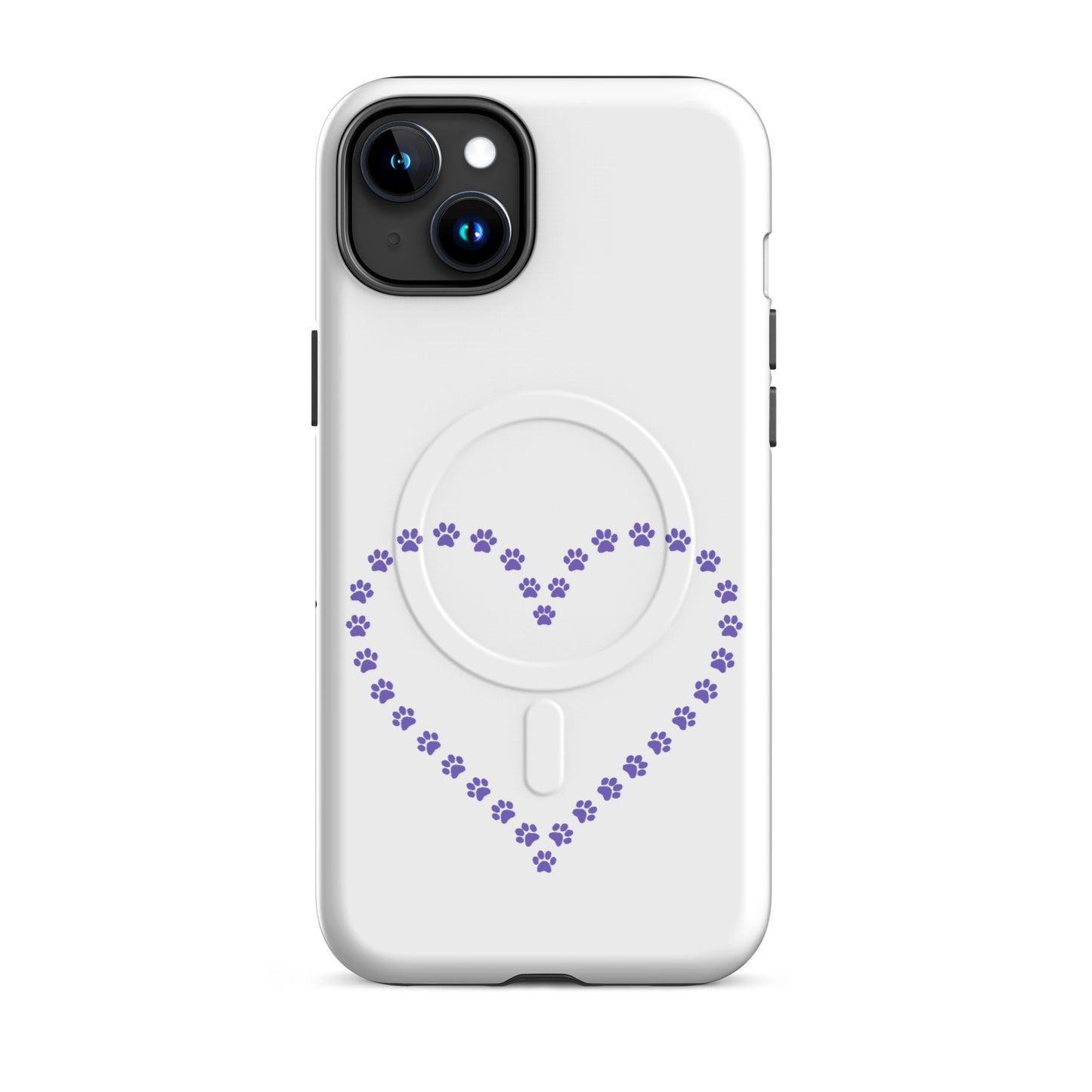 Magnetic Phone Case for iPhone featuring paw print heart design in purple for pet lovers.