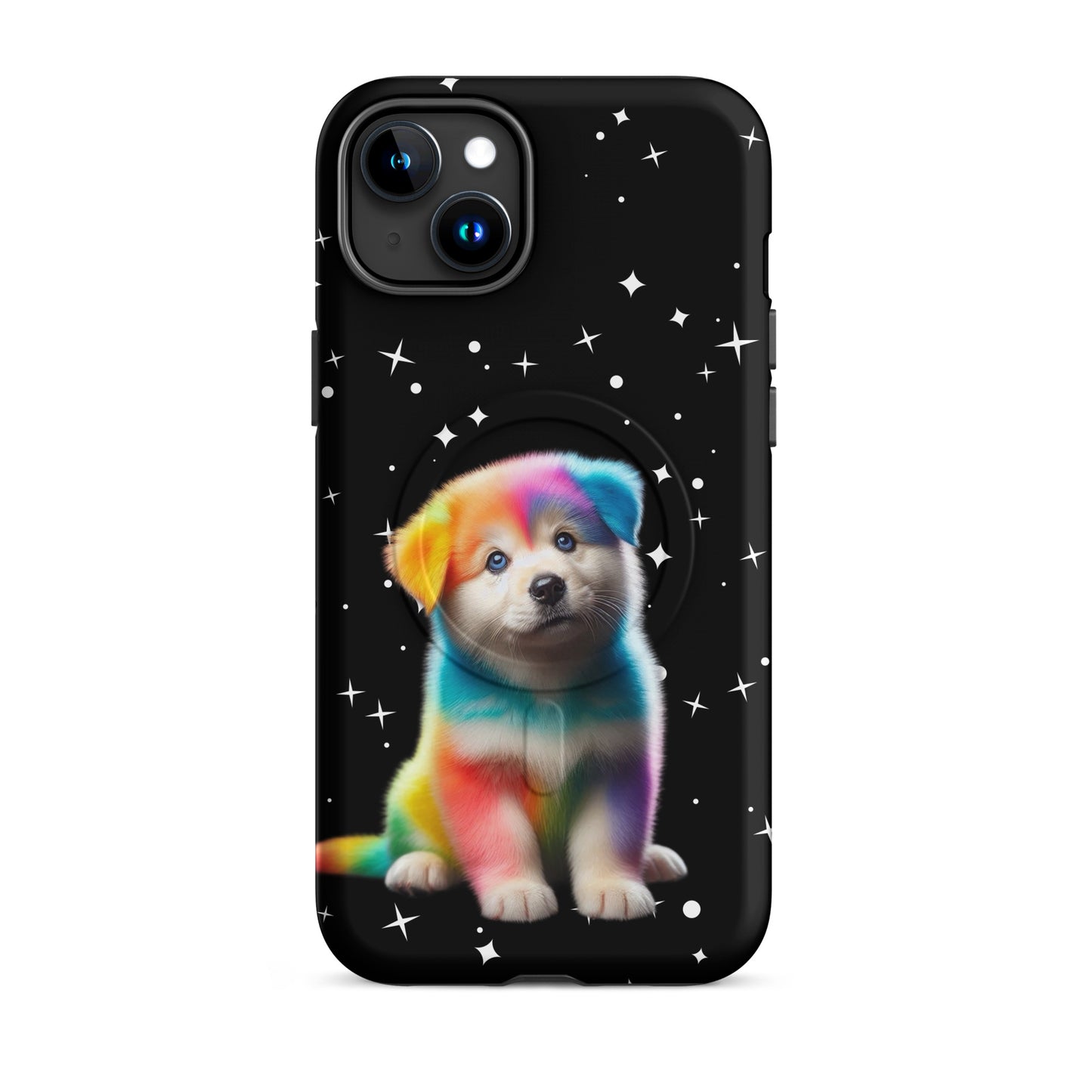 Magnetic Phone Case featuring a rainbow puppy design against a starry night sky background.