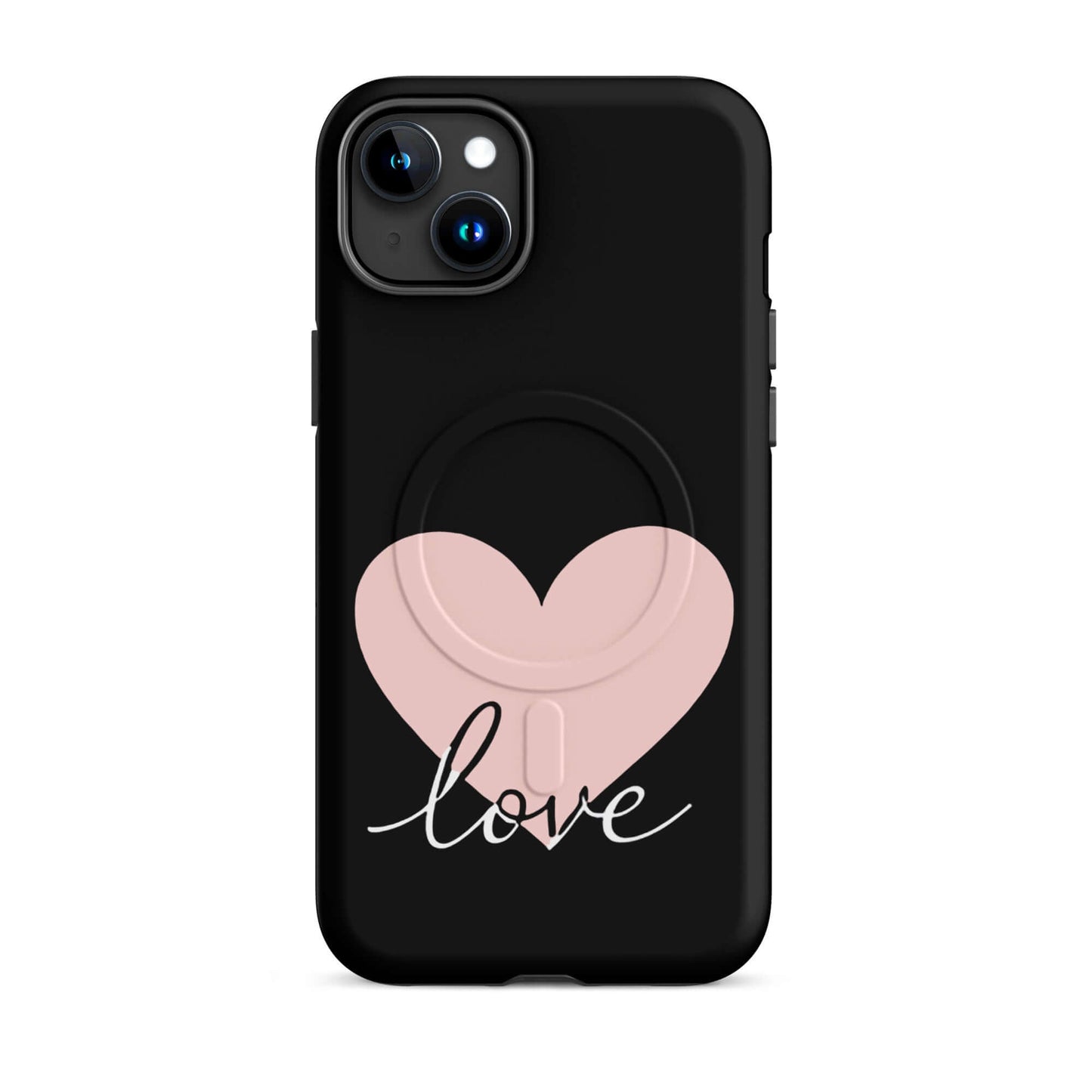 Magnetic Phone Case featuring a pink heart and script 'love' design on a black background.