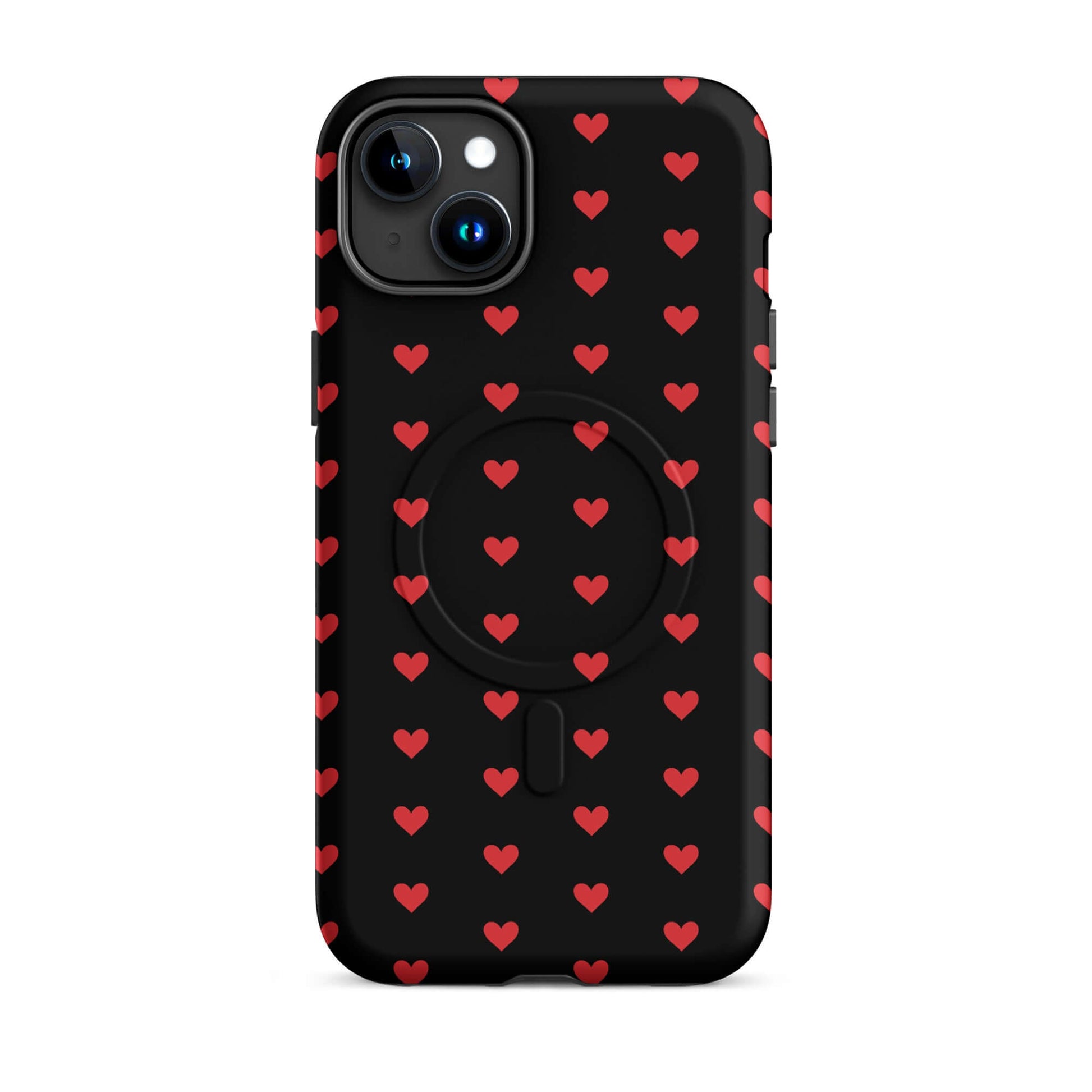 Magnetic Phone Case with fiery red hearts pattern on a black background for iPhone.