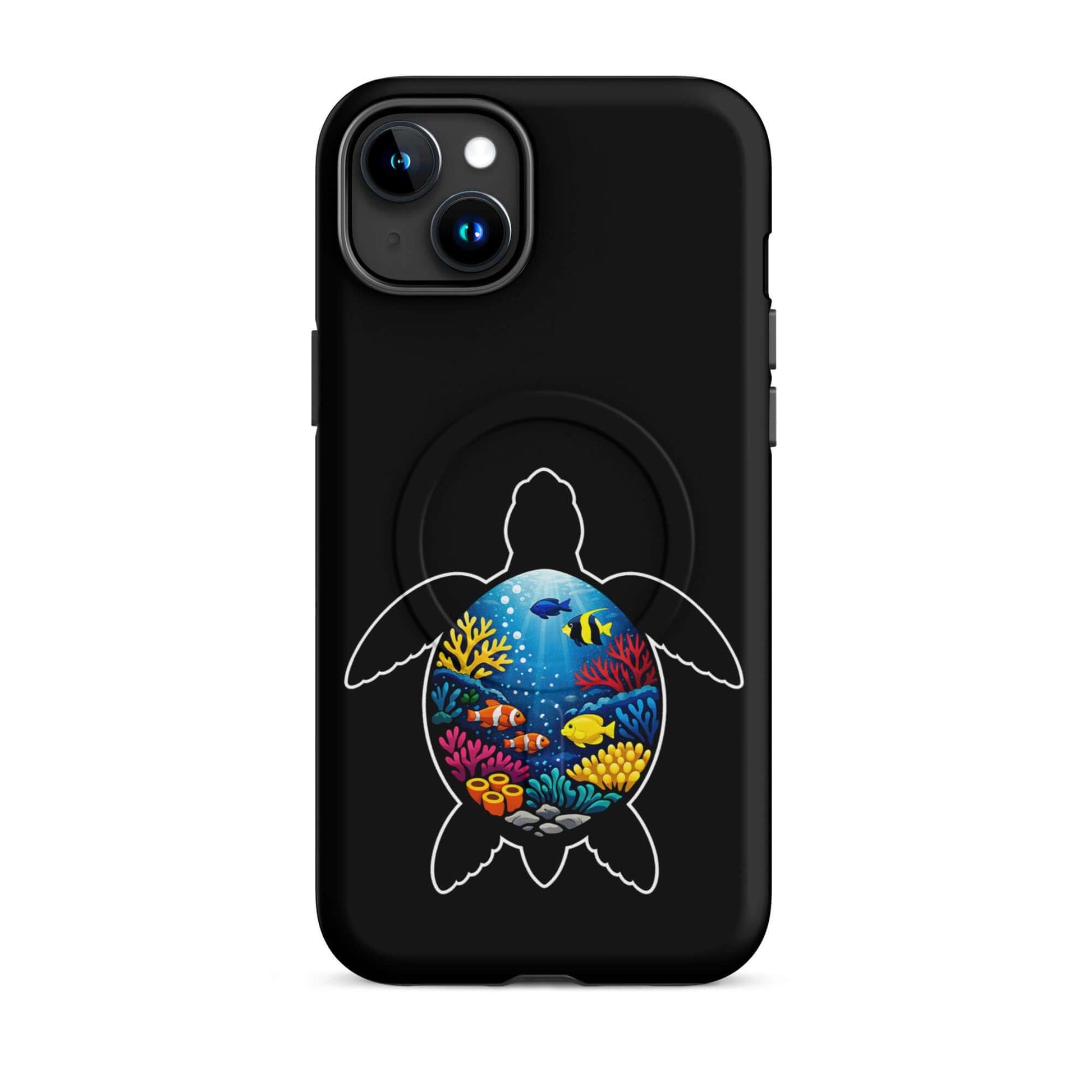 Magnetic Phone Case for iPhone featuring a vibrant sea turtle reef design with colorful marine life.