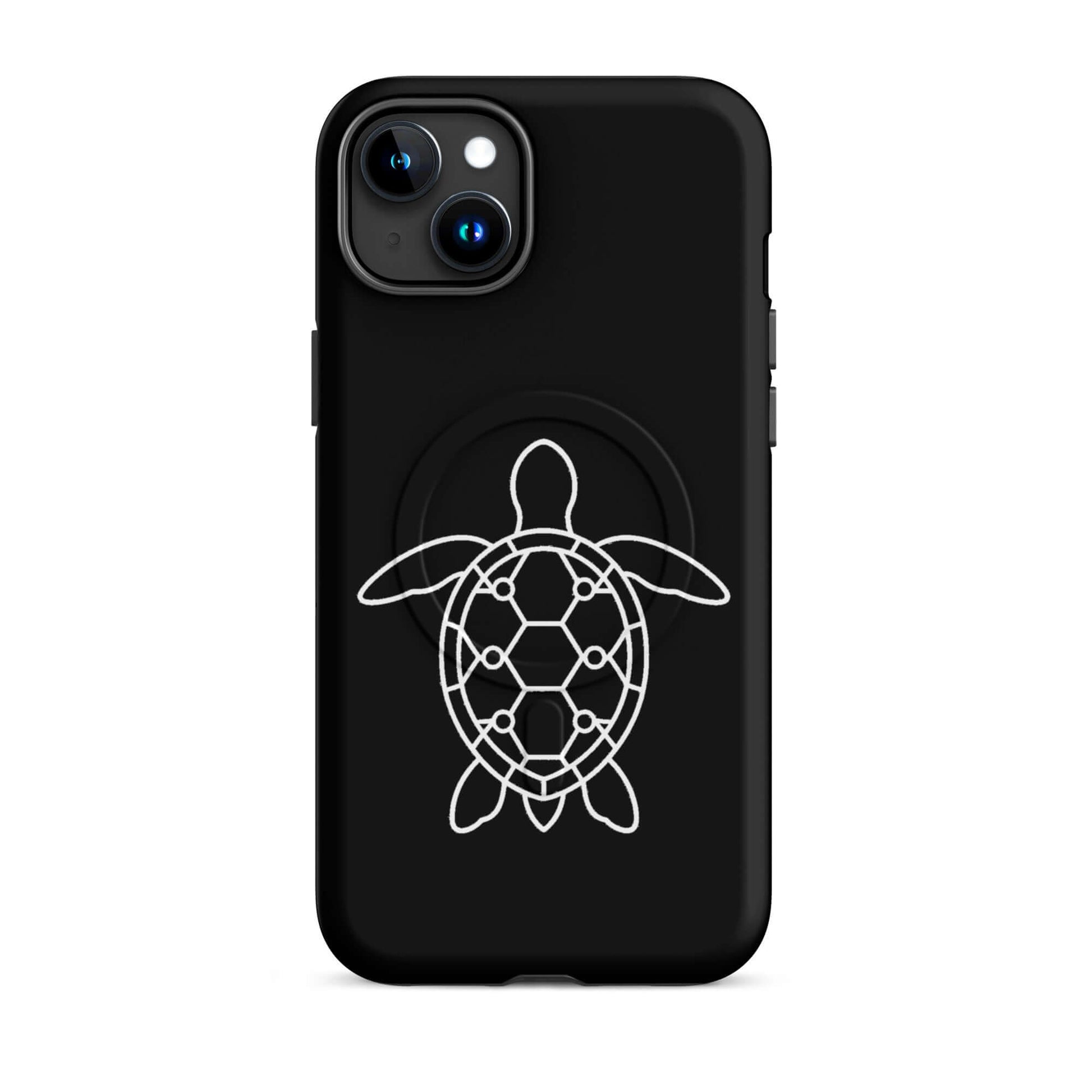 Magnetic Phone Case featuring a minimalist sea turtle silhouette with geometric patterns on a black background.