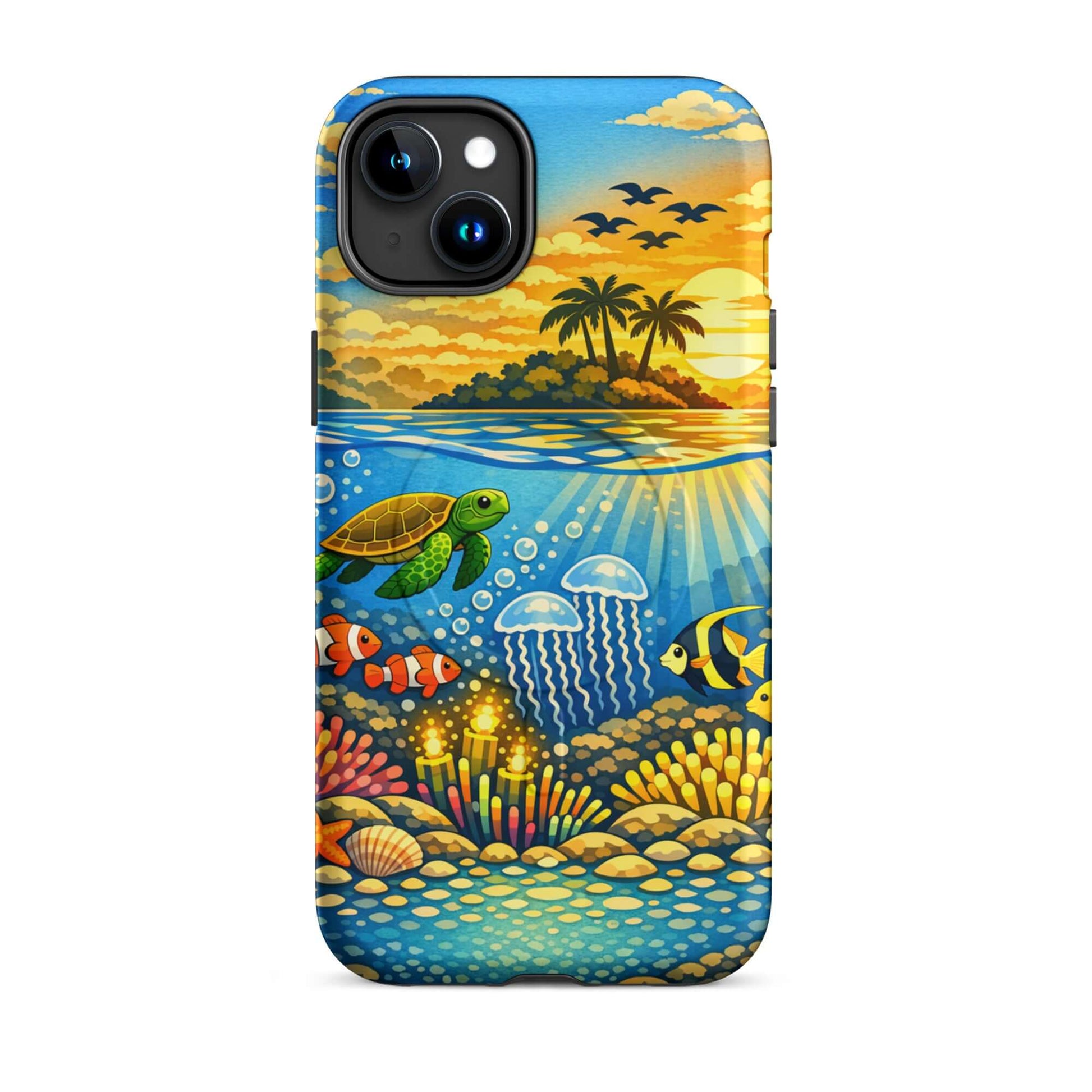 Magnetic Phone Case for iPhone showcasing tropical sunset and vibrant underwater reef with marine life.