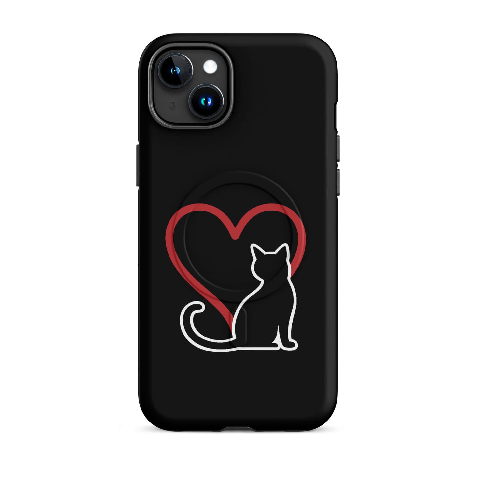 Magnetic Phone Case for iPhone featuring a black cat and red heart design, perfect for cat lovers.