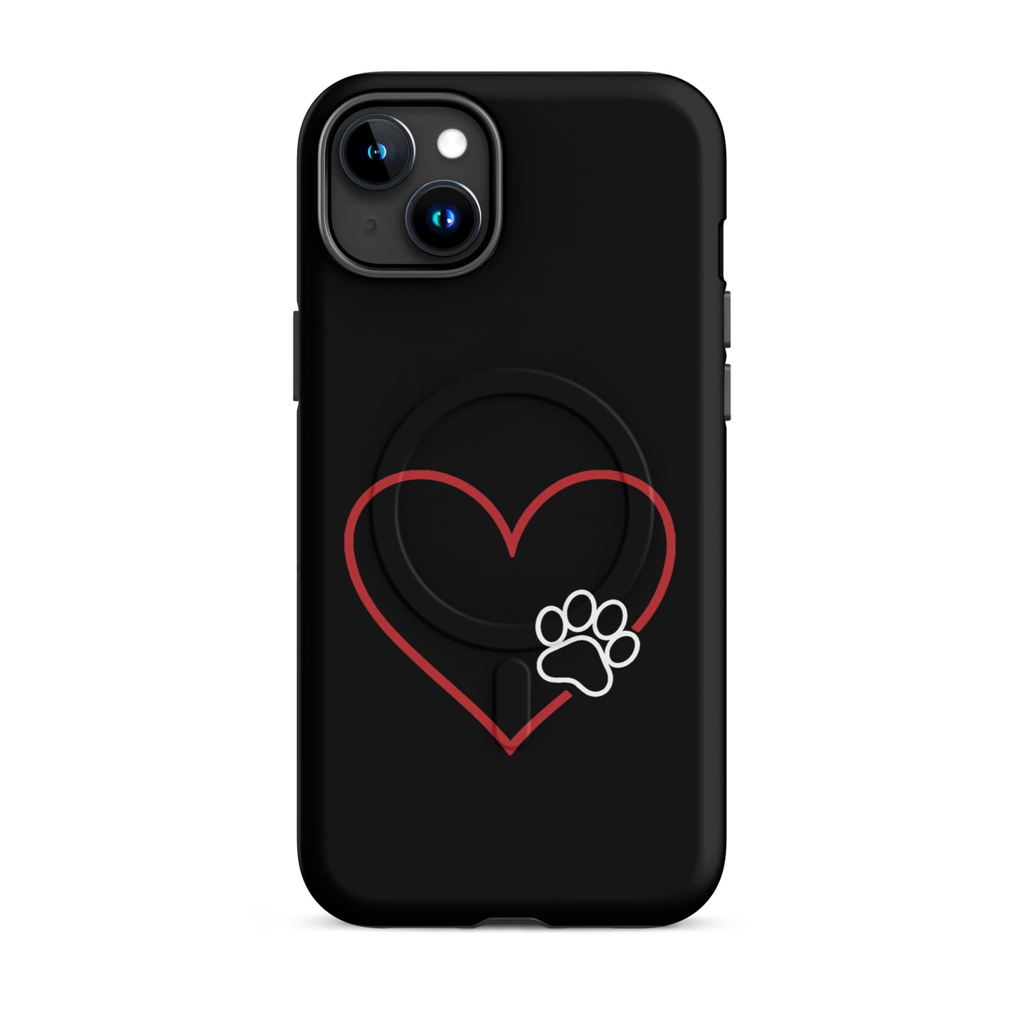 Magnetic Phone Case for iPhone with heart and paw print, symbolizing pet love and tech protection, in black and white design.