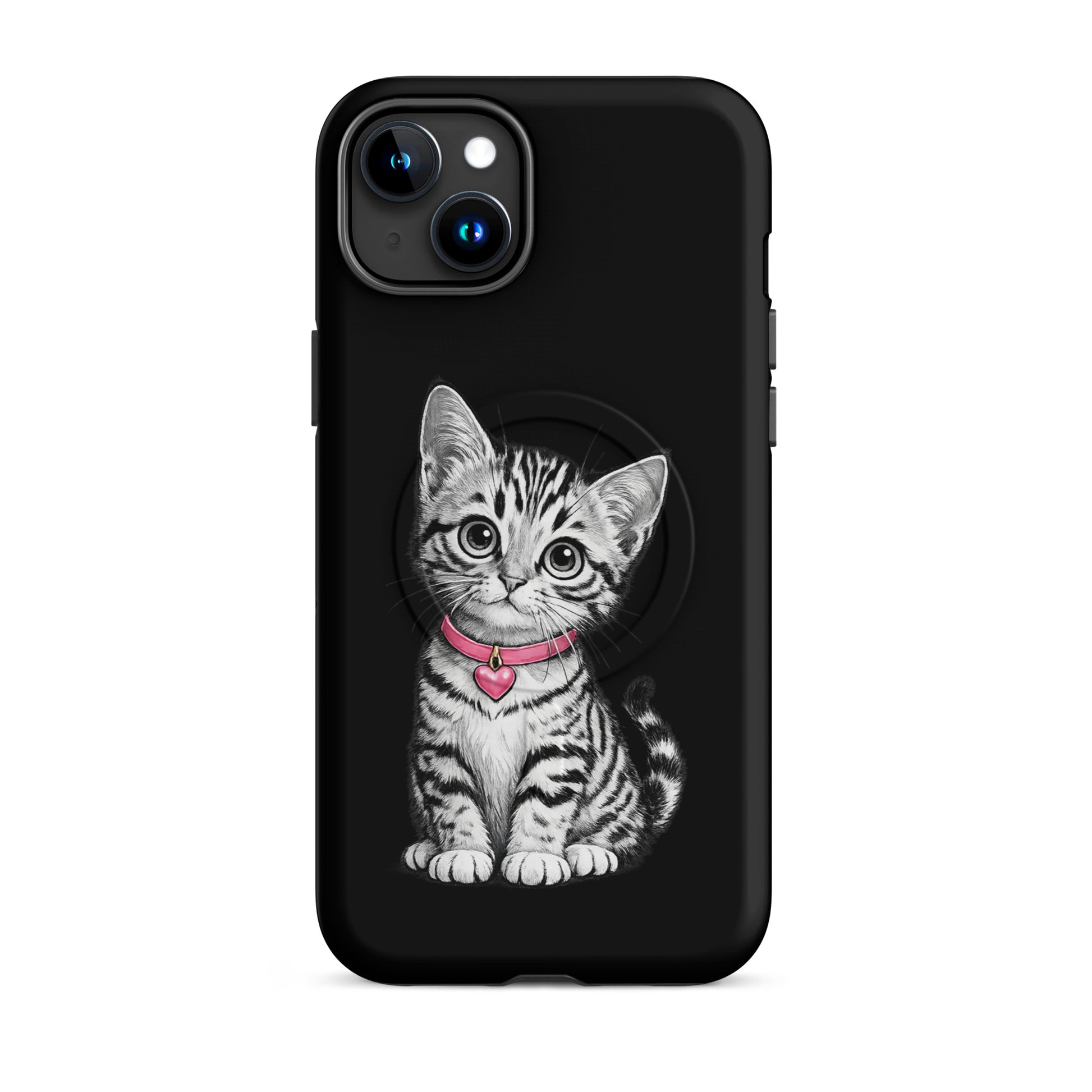 Magnetic Phone Case for iPhone with pencil-sketch kitten and pink heart charm design
