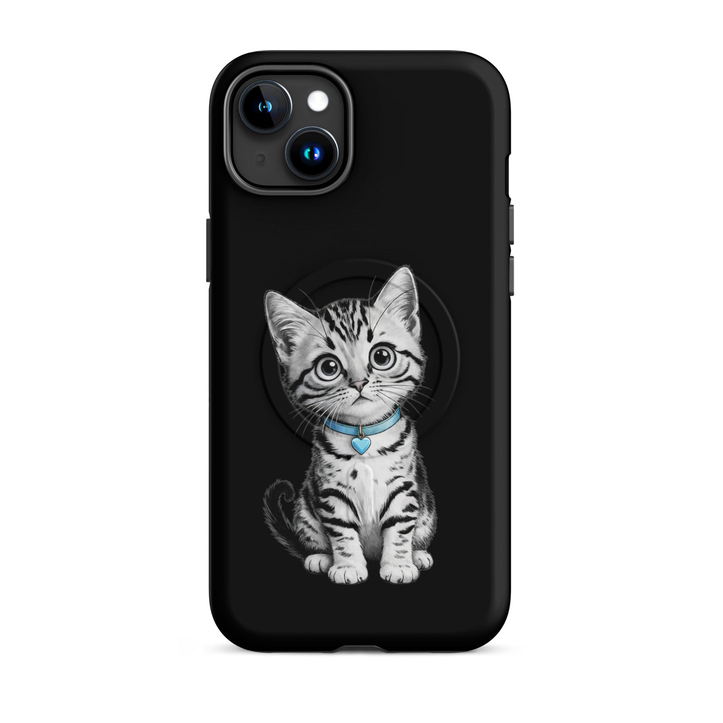 Magnetic Phone Case with kitten wearing blue collar and heart charm, black and white design, for iPhone protection and style.
