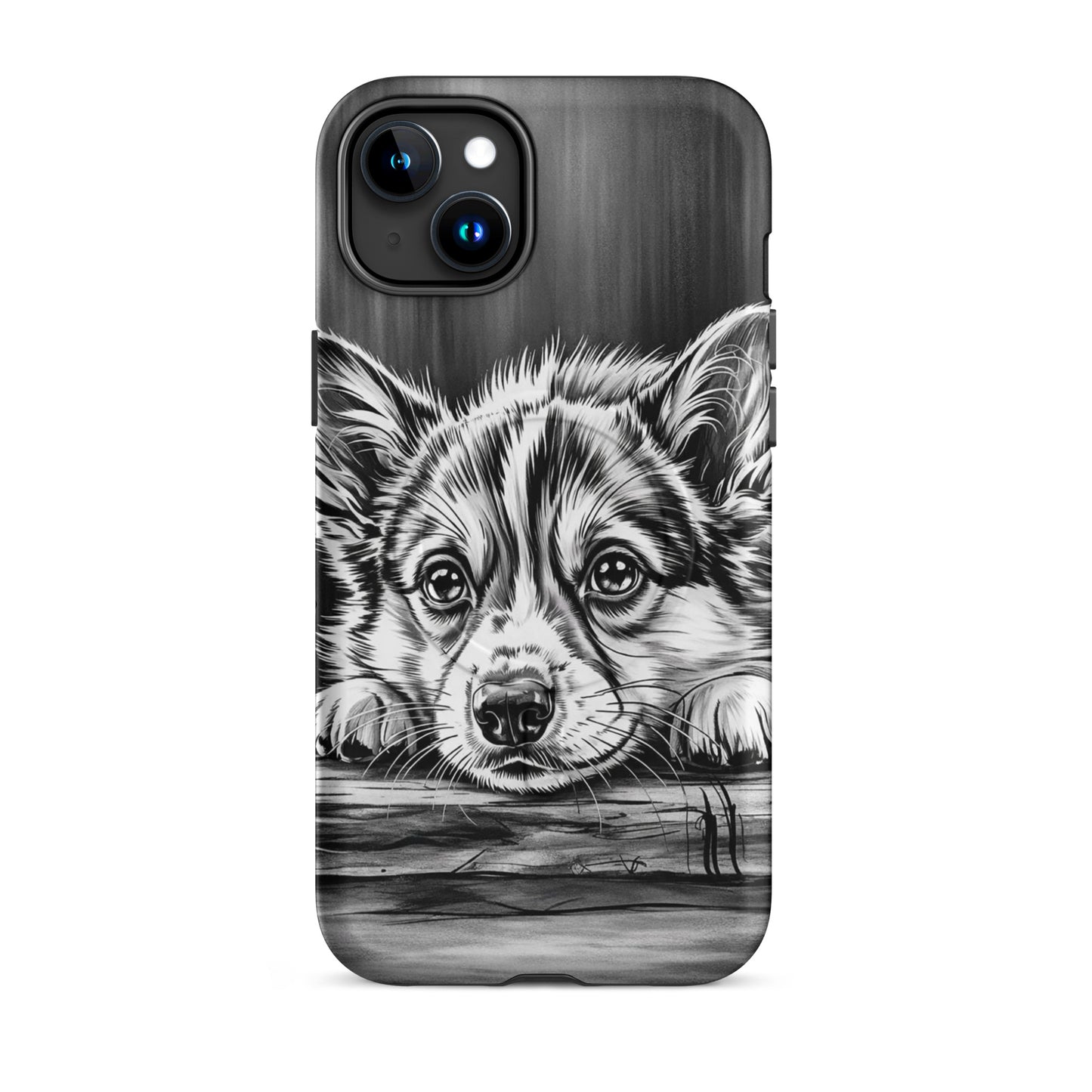 Magnetic Phone Case with elegant puppy illustration, monochrome design on protective iPhone cover.