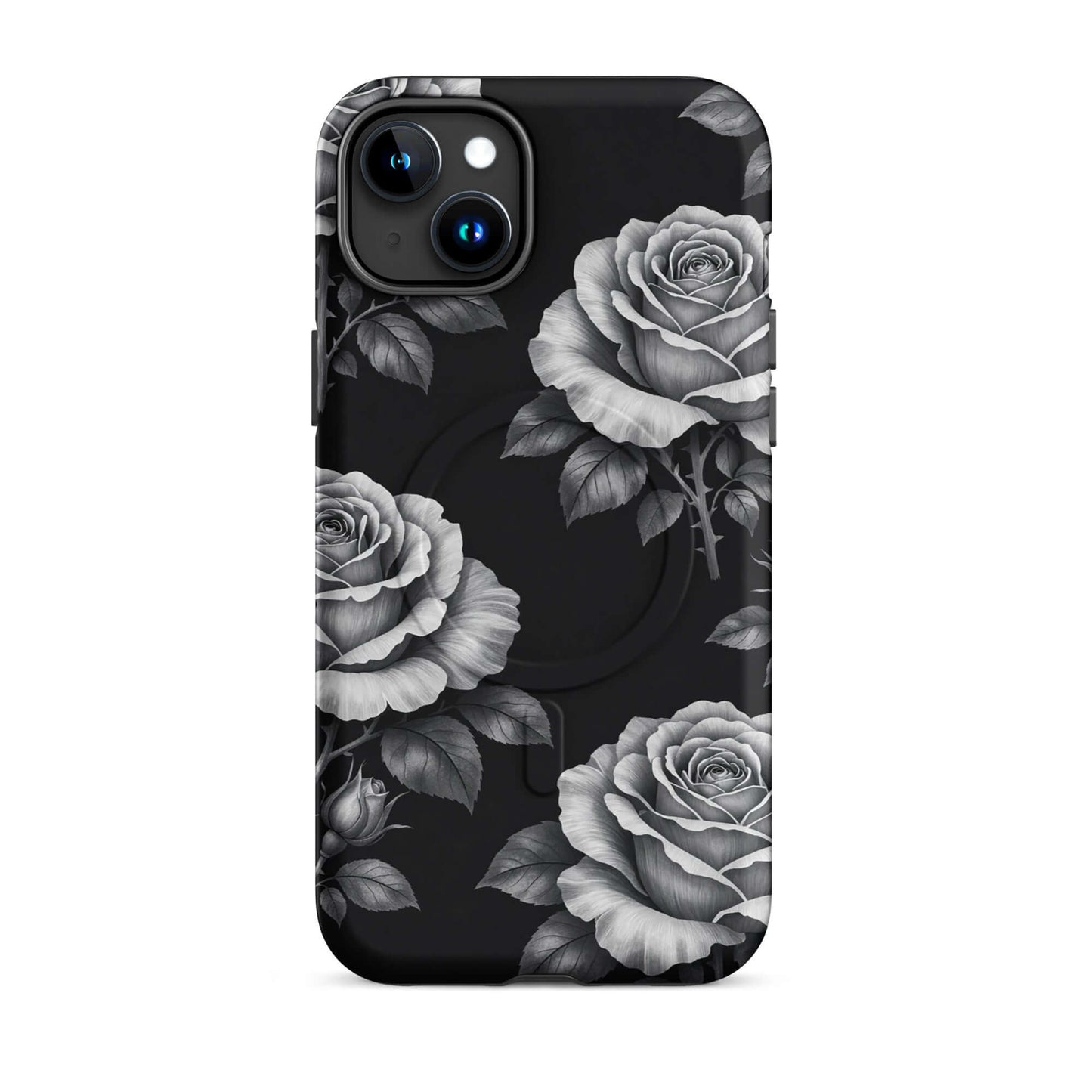 Magnetic Phone Case for iPhone with rose garden design on black background, floral charm for smartphone protection.