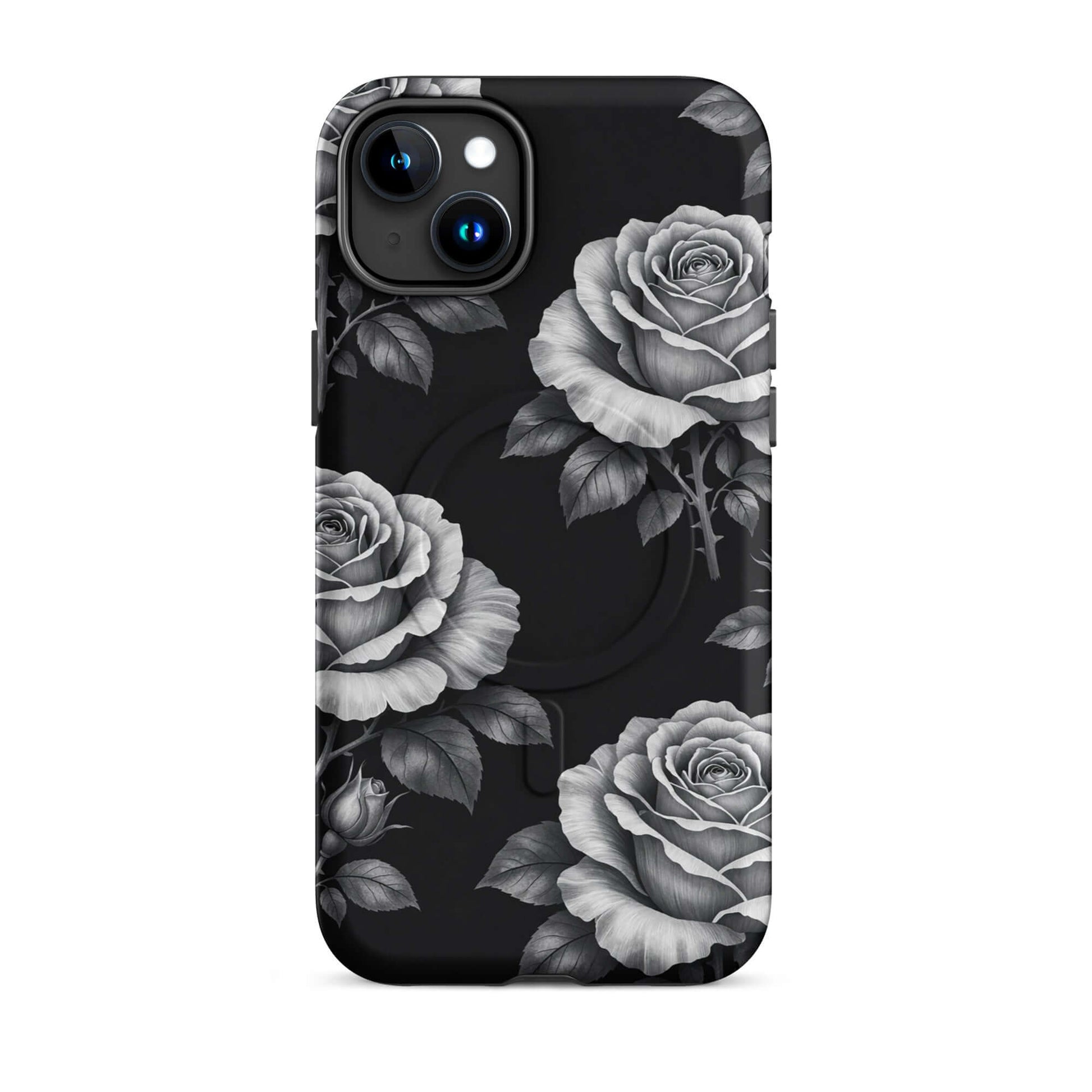 Magnetic Phone Case for iPhone with rose garden design on black background, floral charm for smartphone protection.